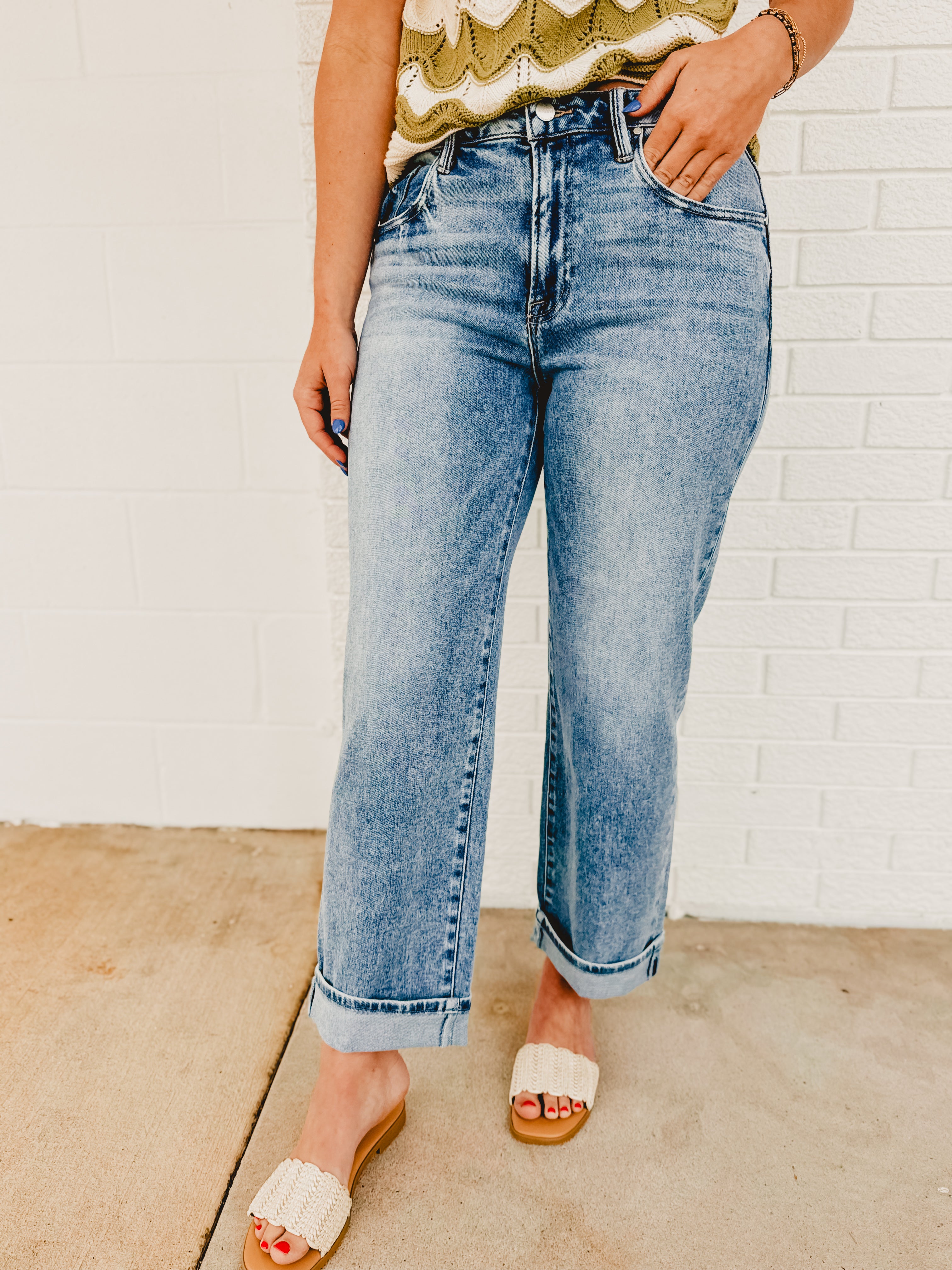 Mid Rise Boyfriend Cuffed Risen Jeans - Light Denim - Lace and Grace Boutique
