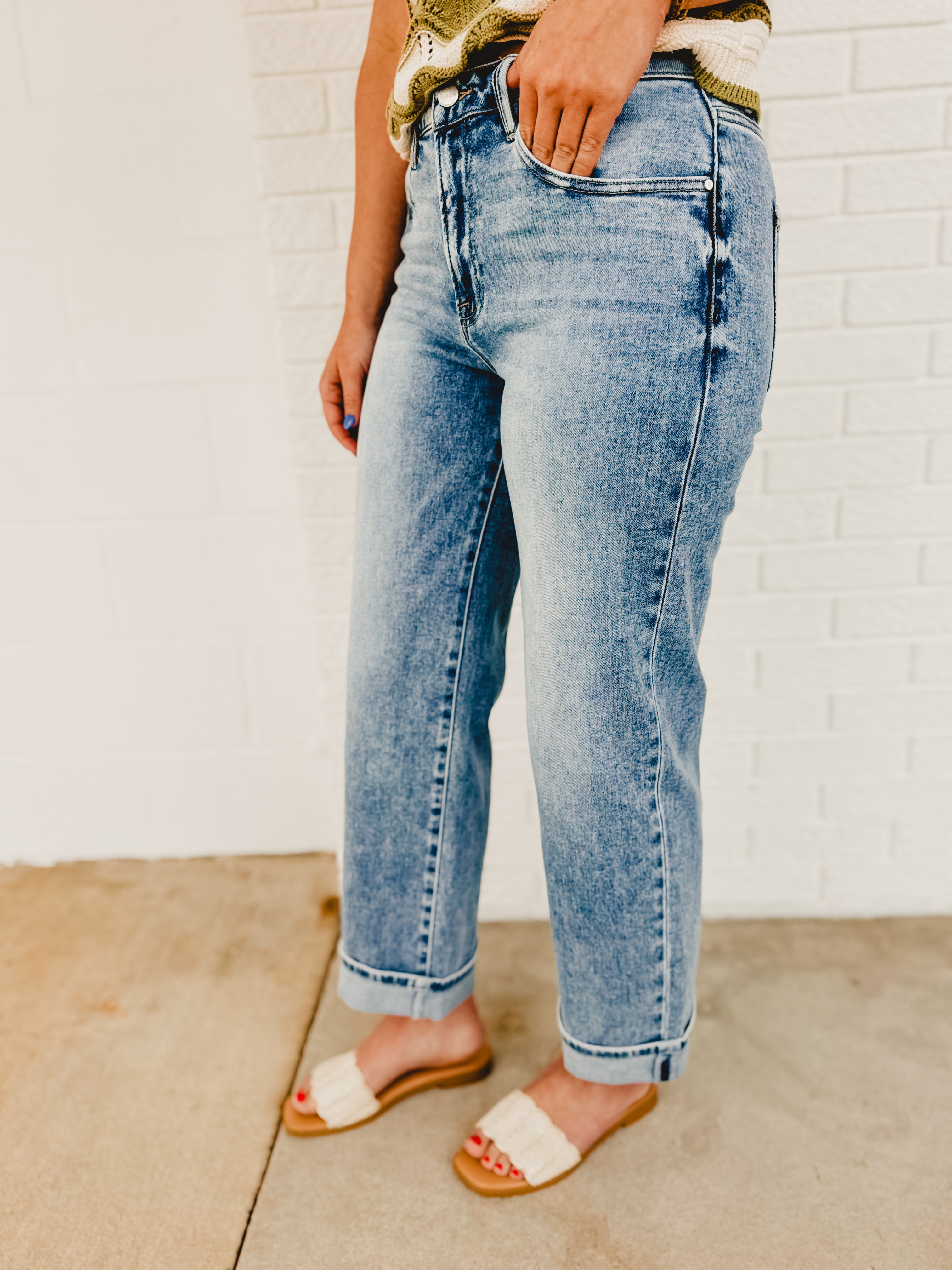 Mid Rise Boyfriend Cuffed Risen Jeans - Light Denim - Lace and Grace Boutique