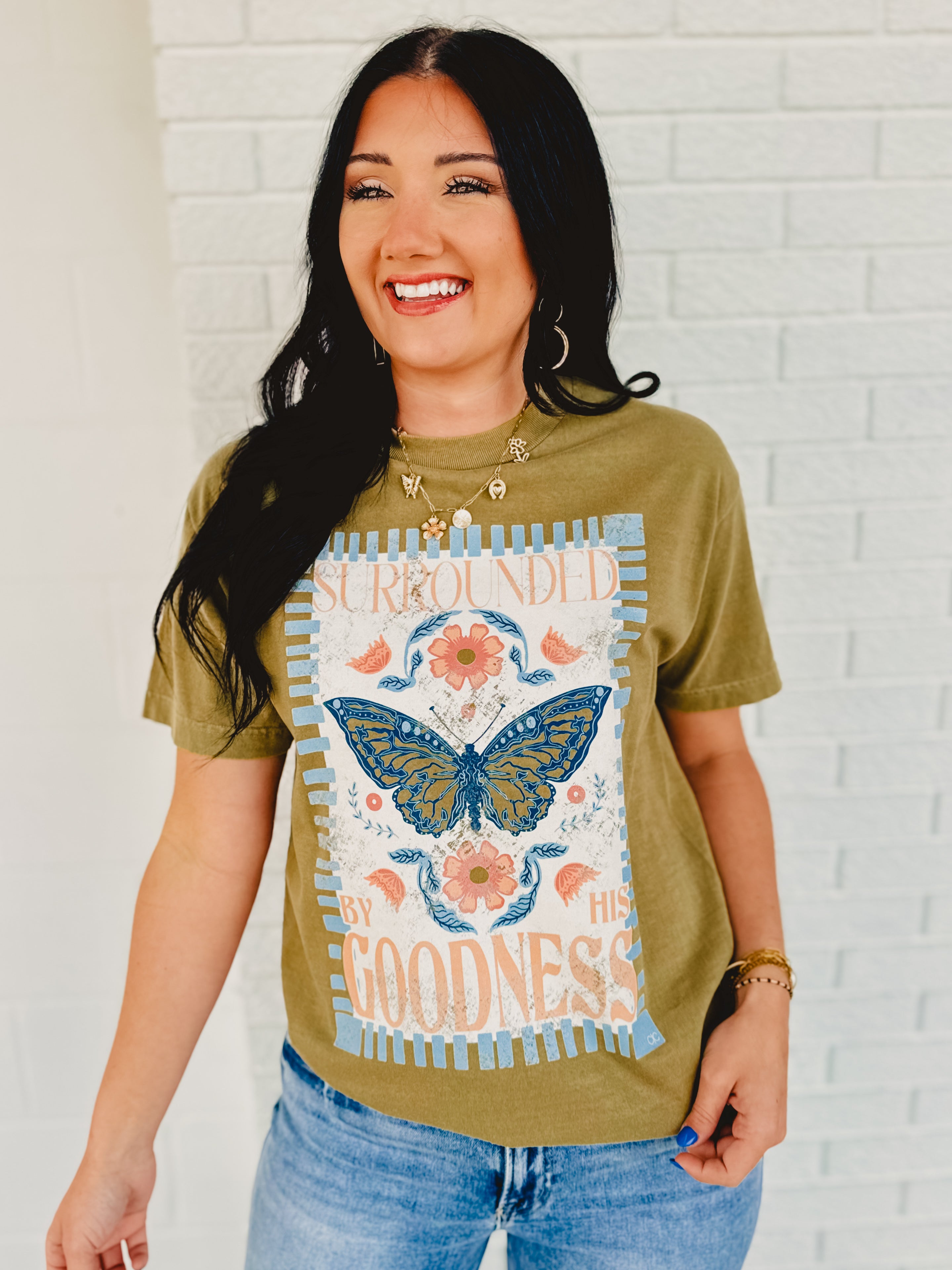 Surrounded By His Goodness Graphic Tee - Olive - Lace and Grace Boutique