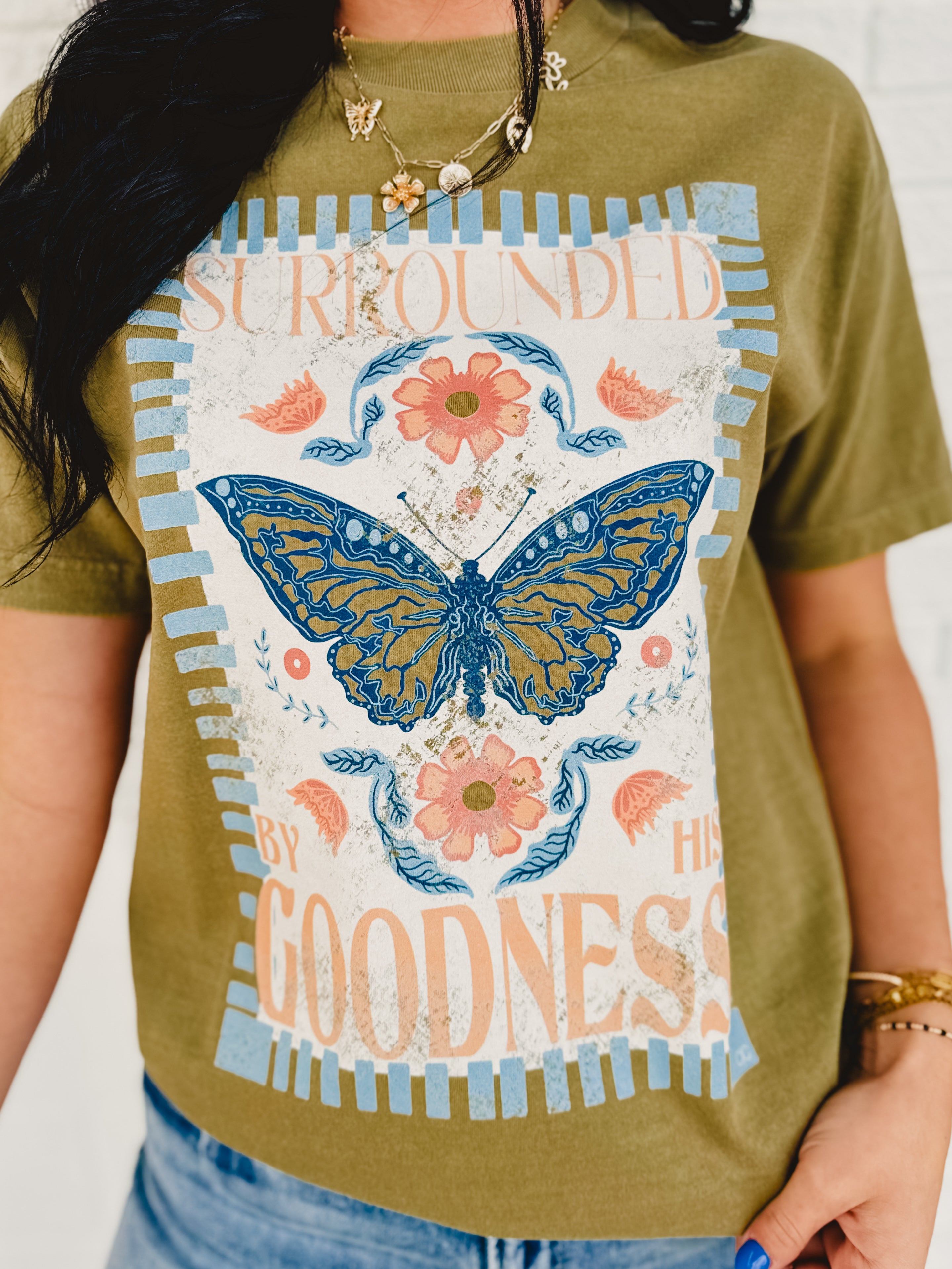 Surrounded By His Goodness Graphic Tee - Olive - Lace and Grace Boutique