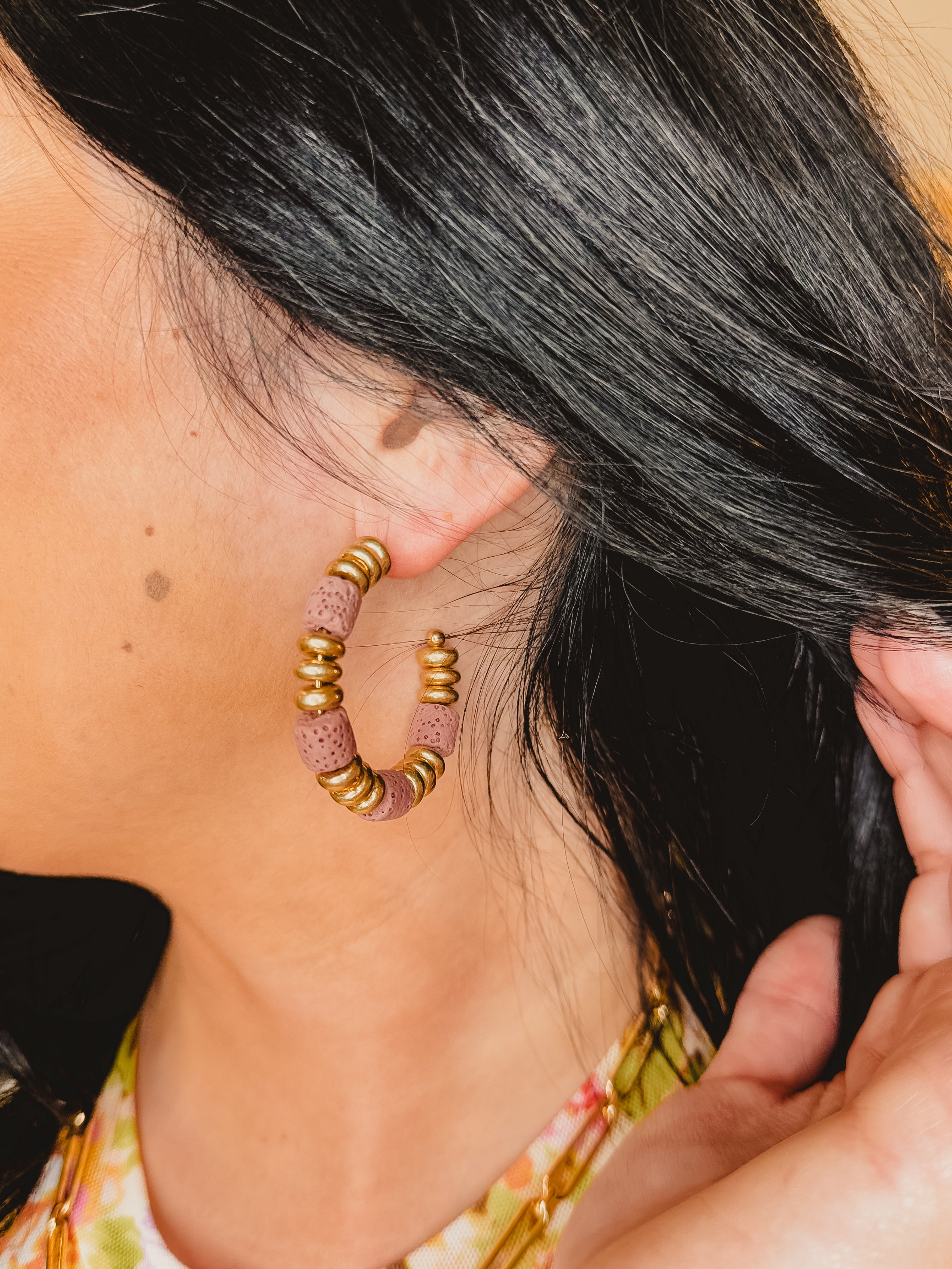 Gold Beaded Wood Accent Earrings - Mauve - Lace and Grace Boutique