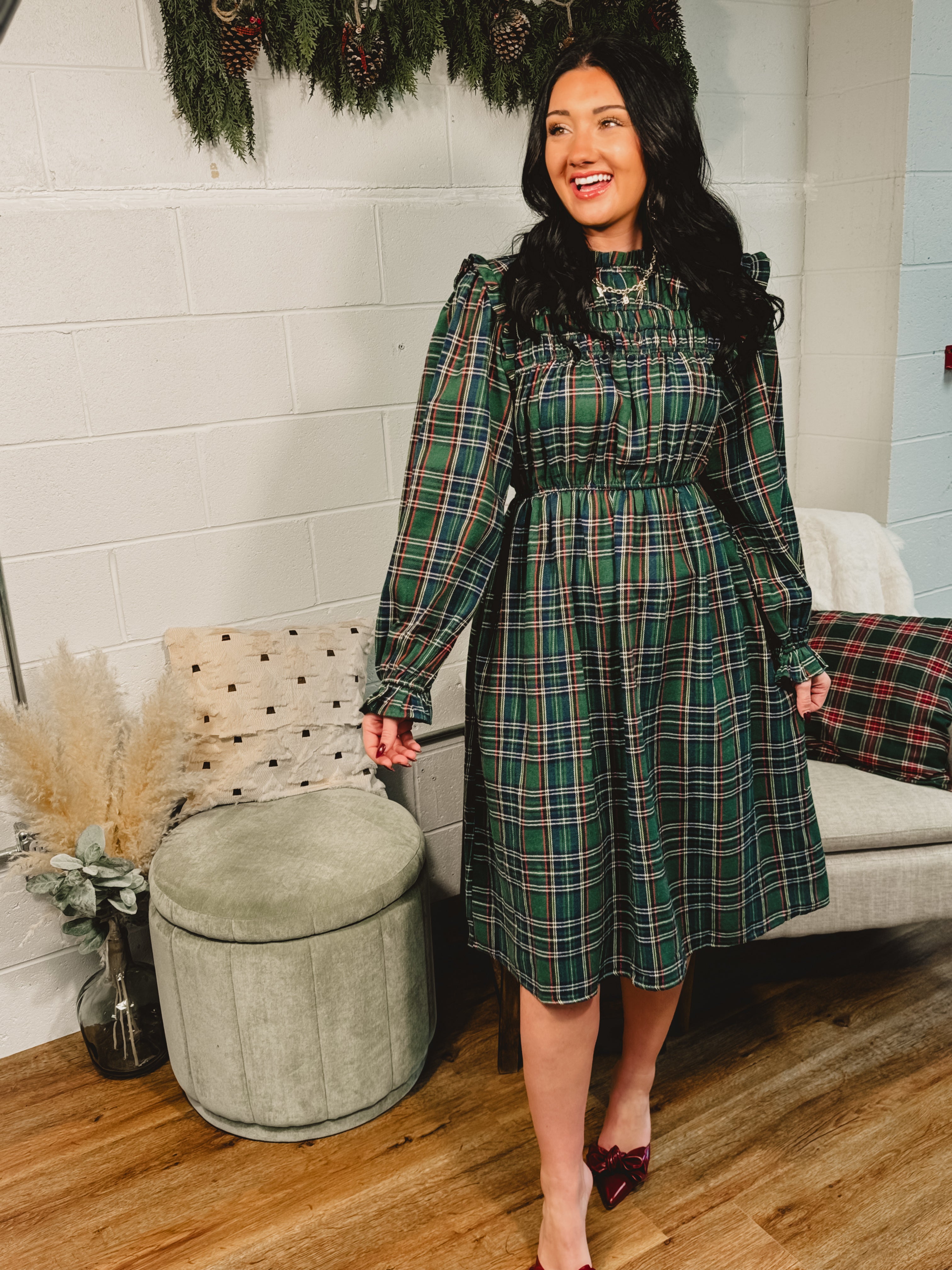 Plaid Mock Neck Long Sleeve Midi Dress - Hunter Green Small Plaid Mock Neck Long Sleeve Midi Dress - Hunter Green Small