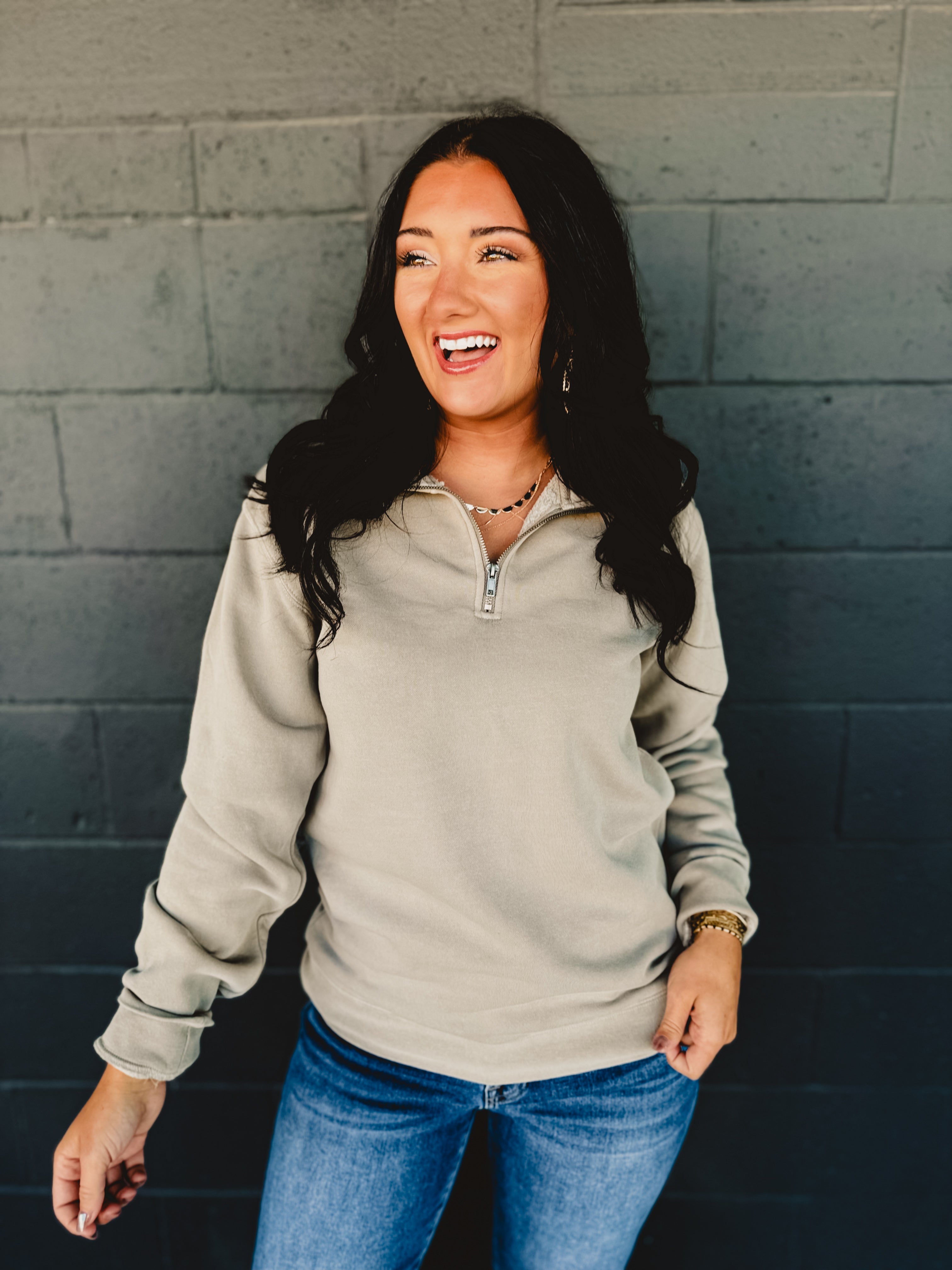 Pigment-Dyed Quarter Zip Pullover - Pigment Cement - Lace and Grace Boutique