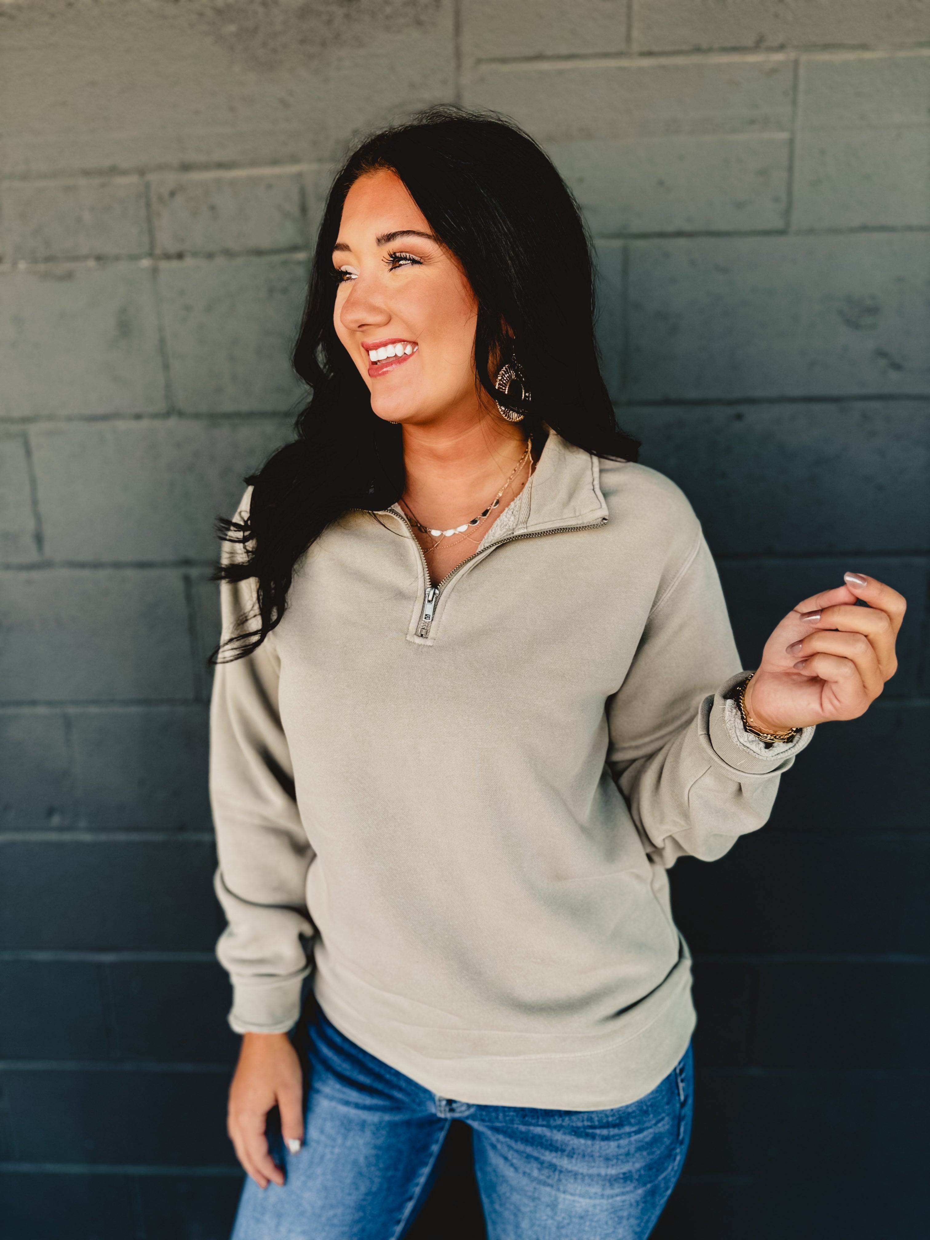 Pigment-Dyed Quarter Zip Pullover - Pigment Cement - Lace and Grace Boutique