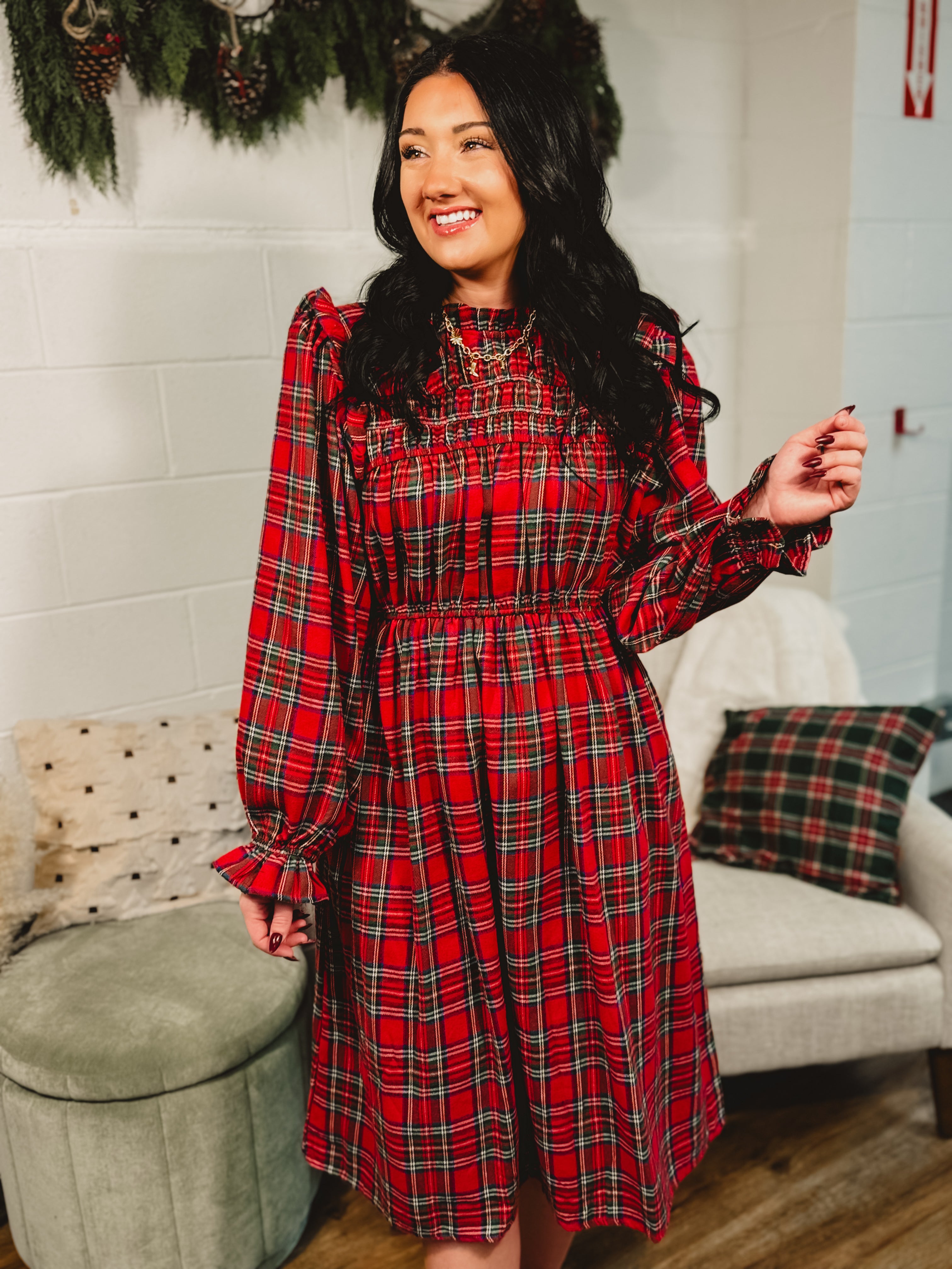 Plaid Mock Neck Long Sleeve Midi Dress - Red Plaid Mock Neck Long Sleeve Midi Dress - Red
