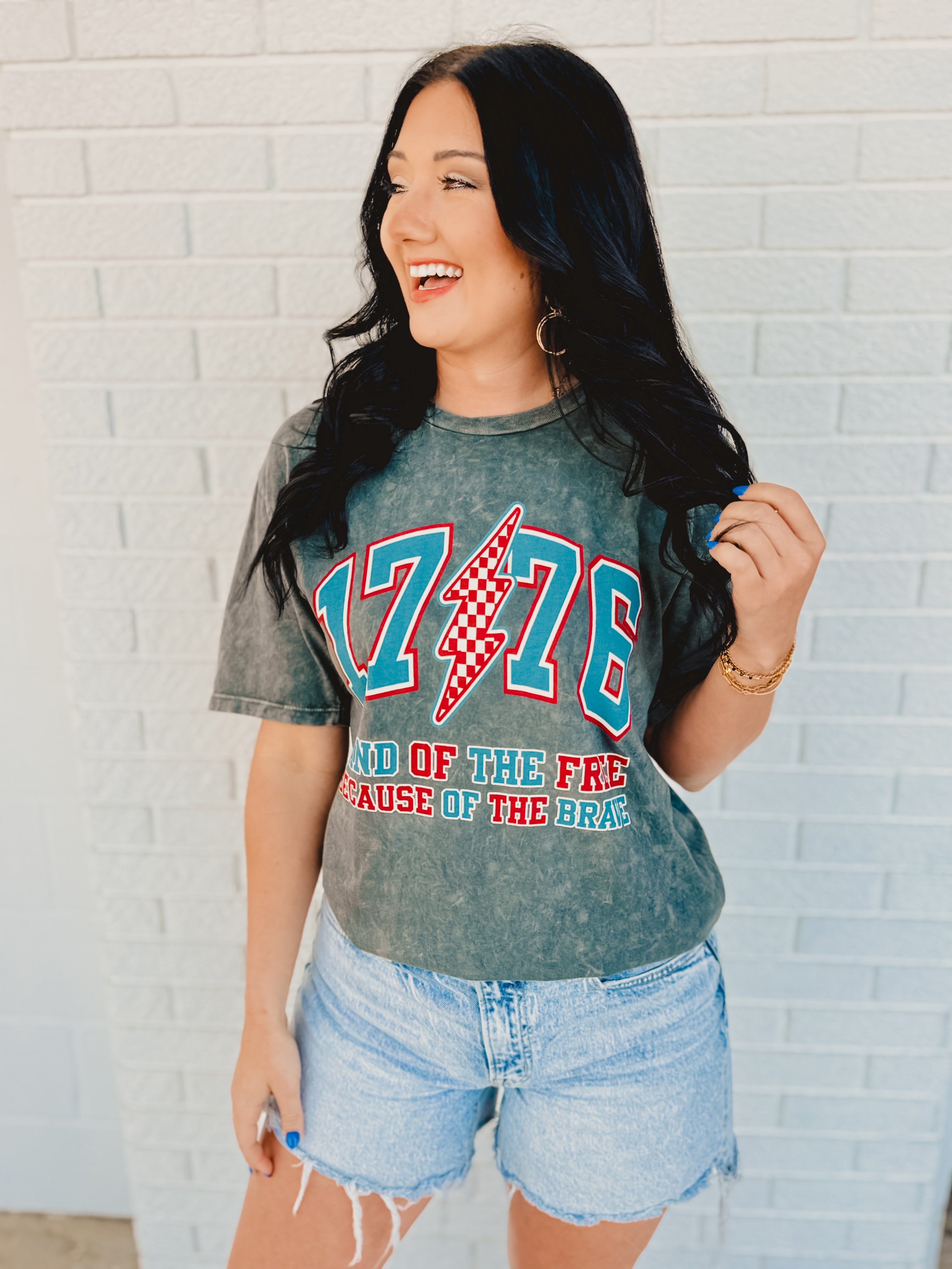 1776 Land of the Free Mineral Wash Graphic Tee - Stone Gray - Lace and Grace Boutique