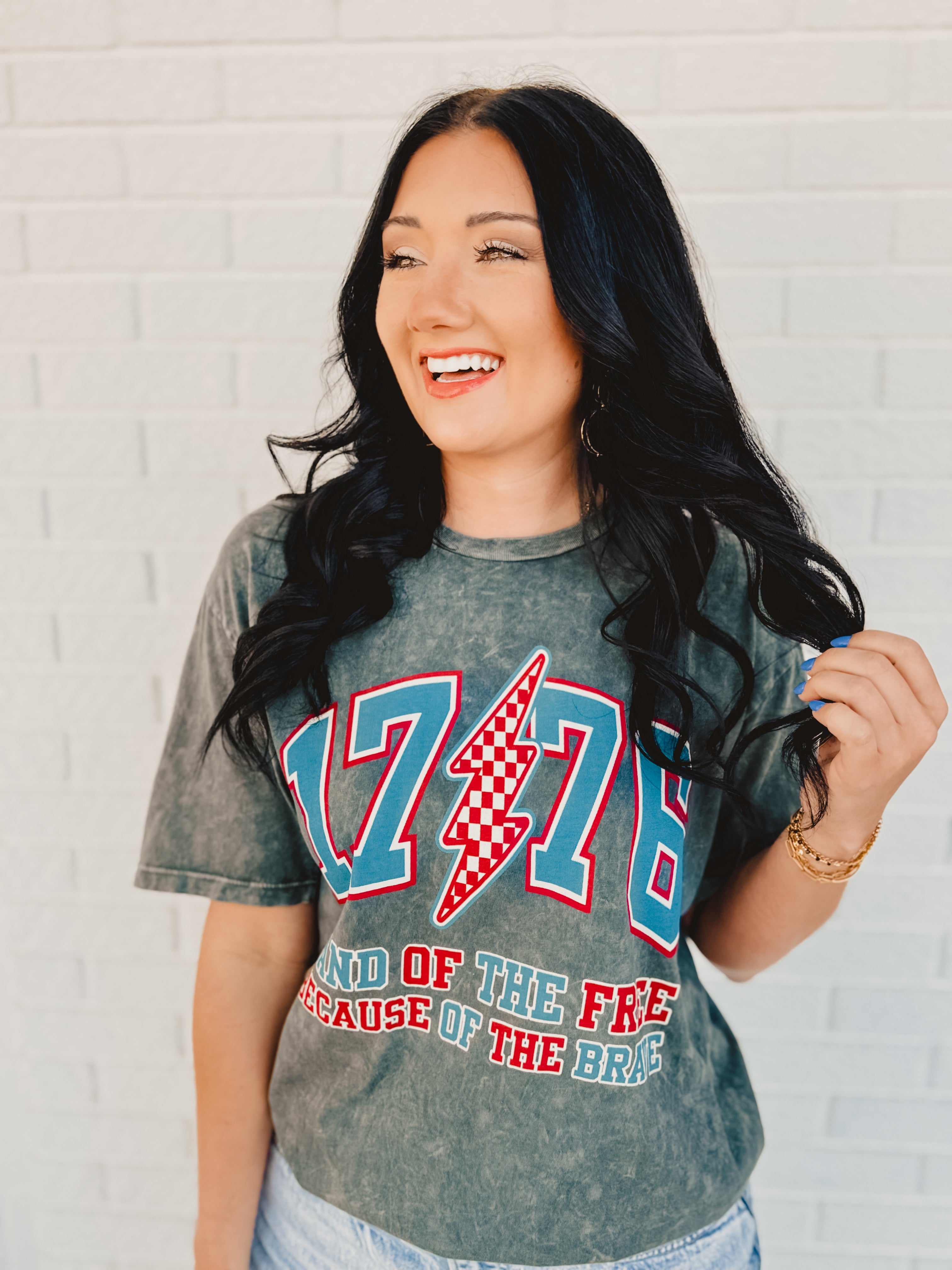1776 Land of the Free Mineral Wash Graphic Tee - Stone Gray - Lace and Grace Boutique