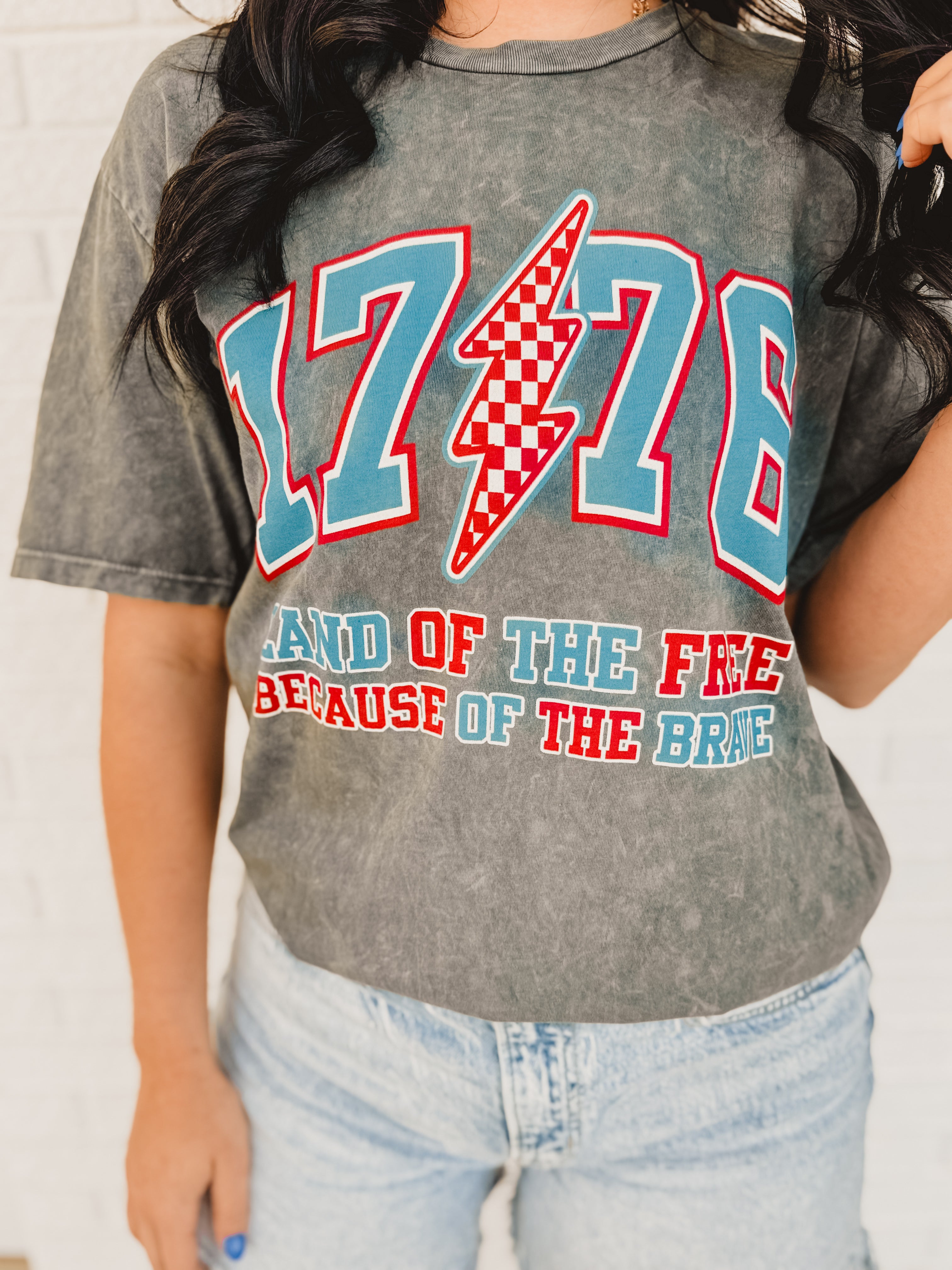 1776 Land of the Free Mineral Wash Graphic Tee - Stone Gray - Lace and Grace Boutique