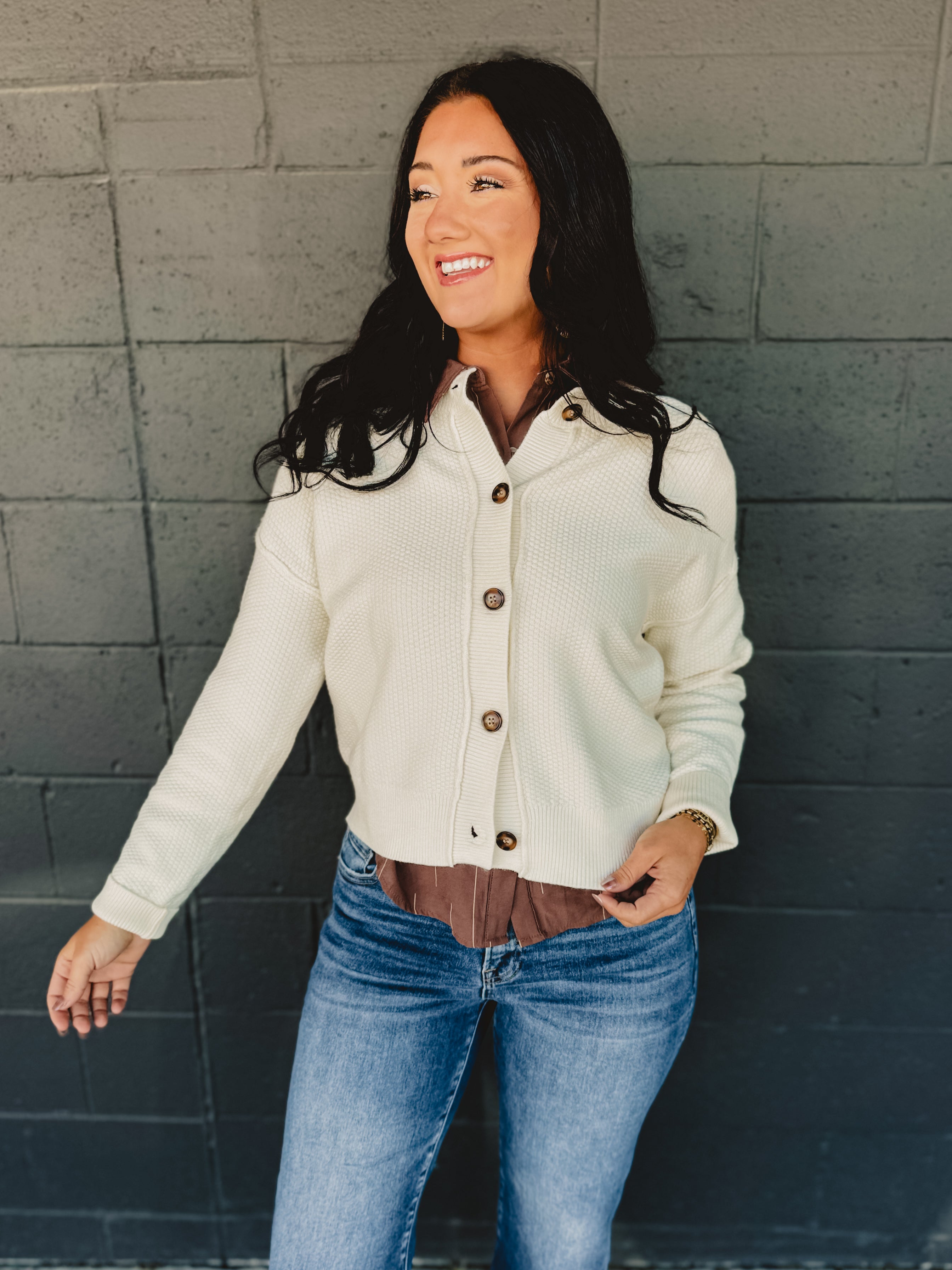 Exposed Seam Button Down Cardigan - Cream - Lace and Grace Boutique