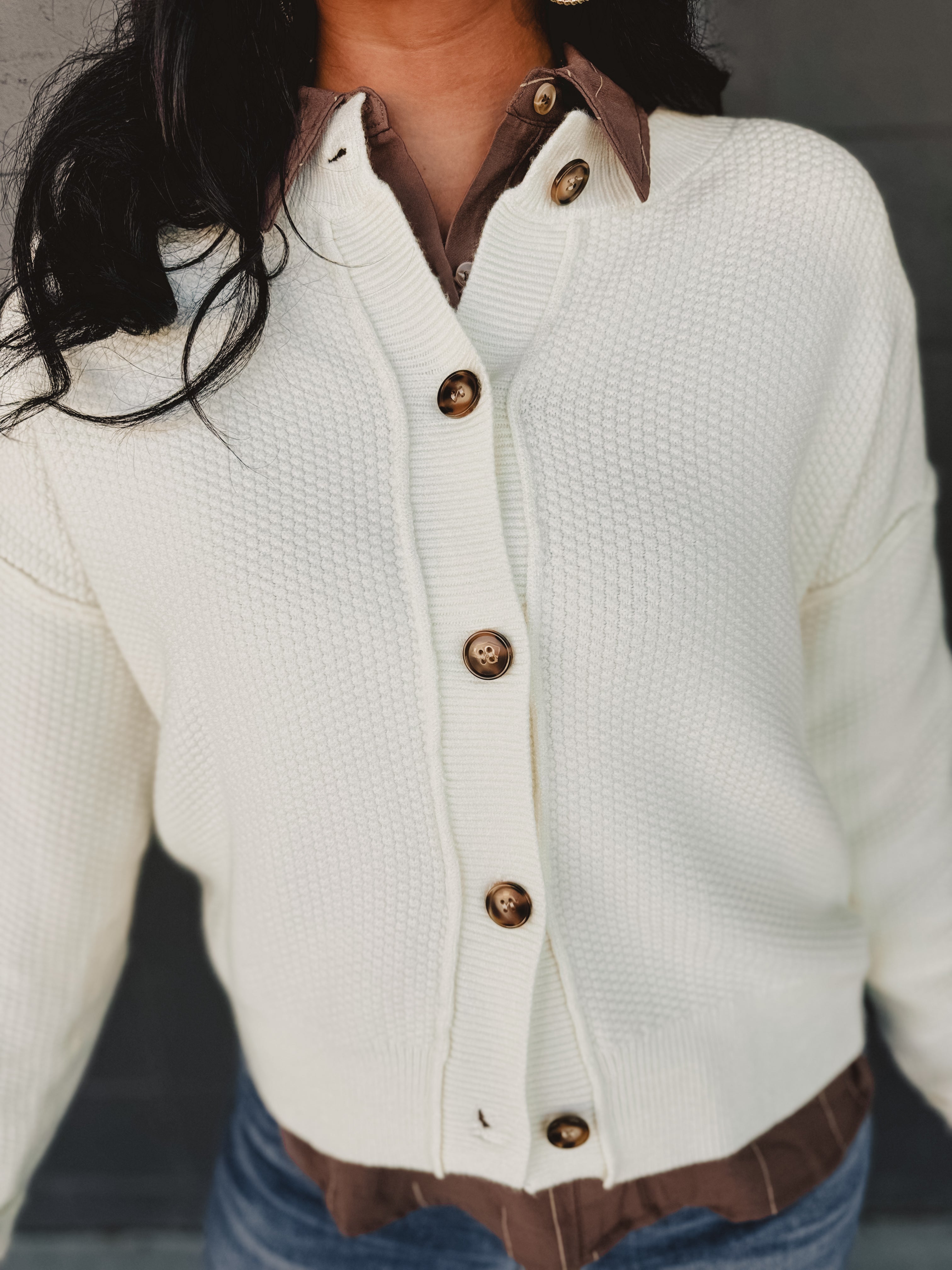 Exposed Seam Button Down Cardigan - Cream - Lace and Grace Boutique