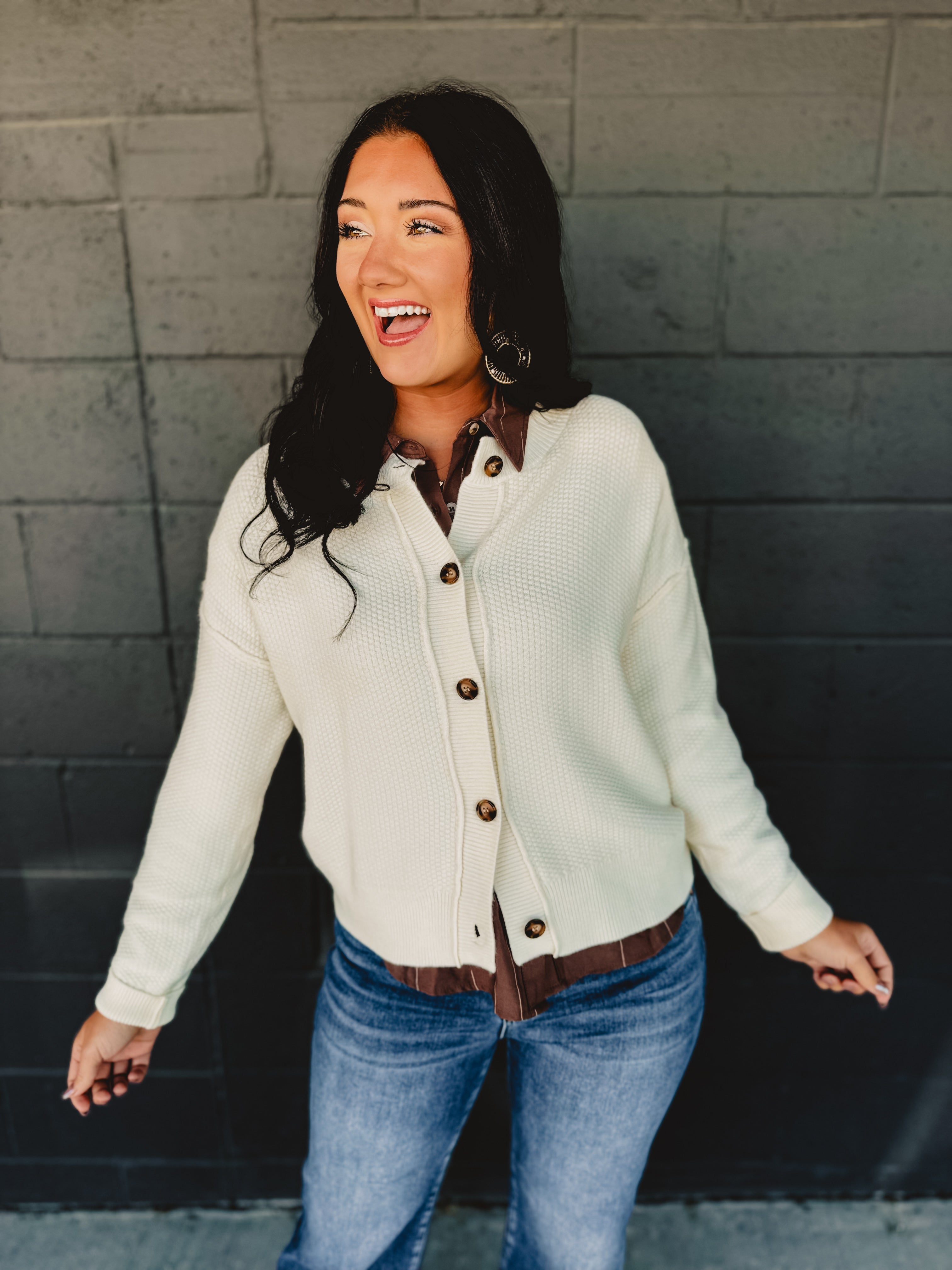 Exposed Seam Button Down Cardigan - Cream - Lace and Grace Boutique
