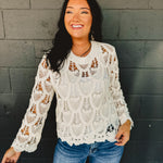 POL Solid Crochet Knit Long Sleeve Top - Ivory - Lace and Grace Boutique