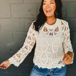 POL Solid Crochet Knit Long Sleeve Top - Ivory - Lace and Grace Boutique