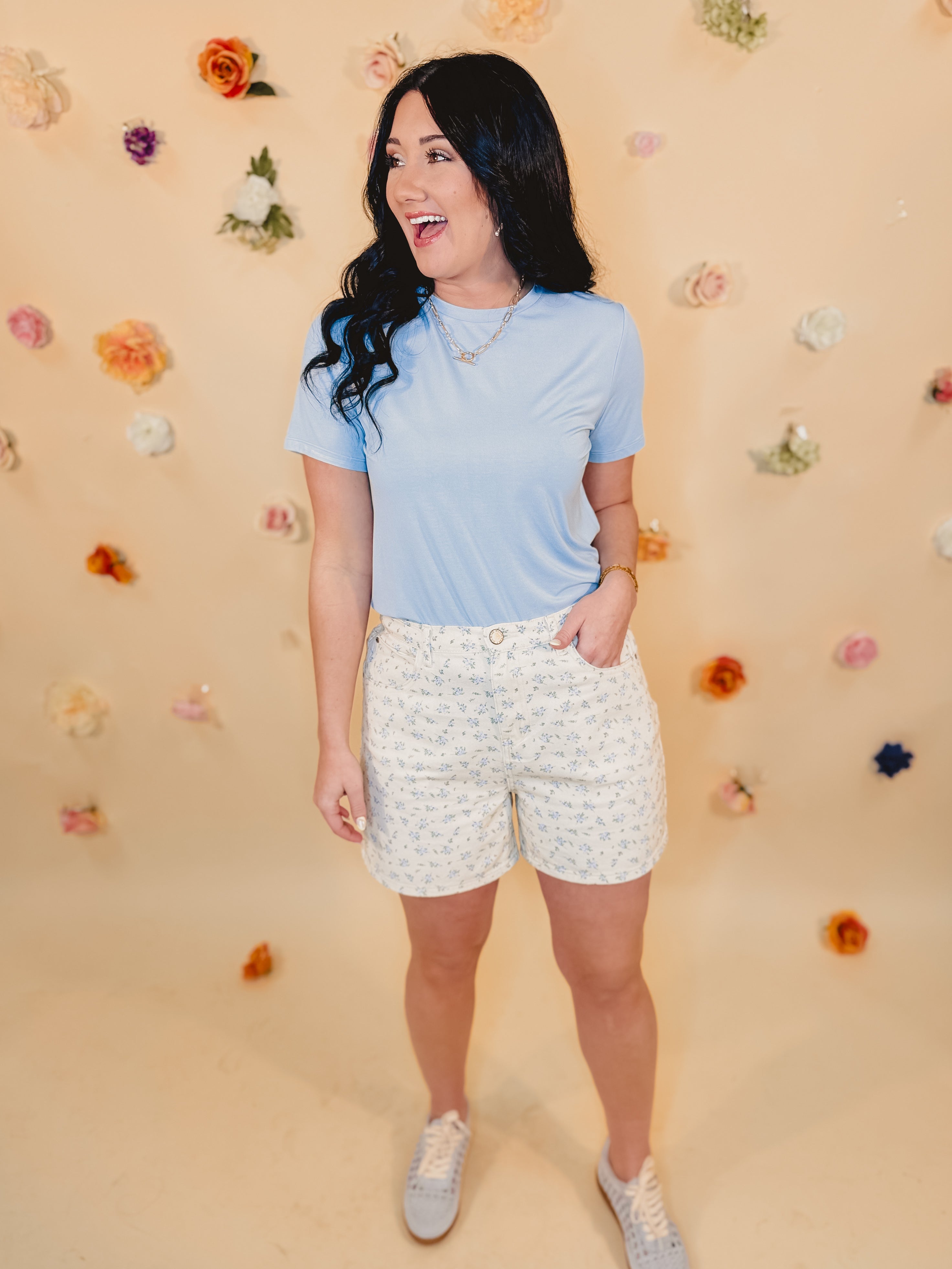Floral Denim Shorts - Cream/Blue - Lace and Grace Boutique
