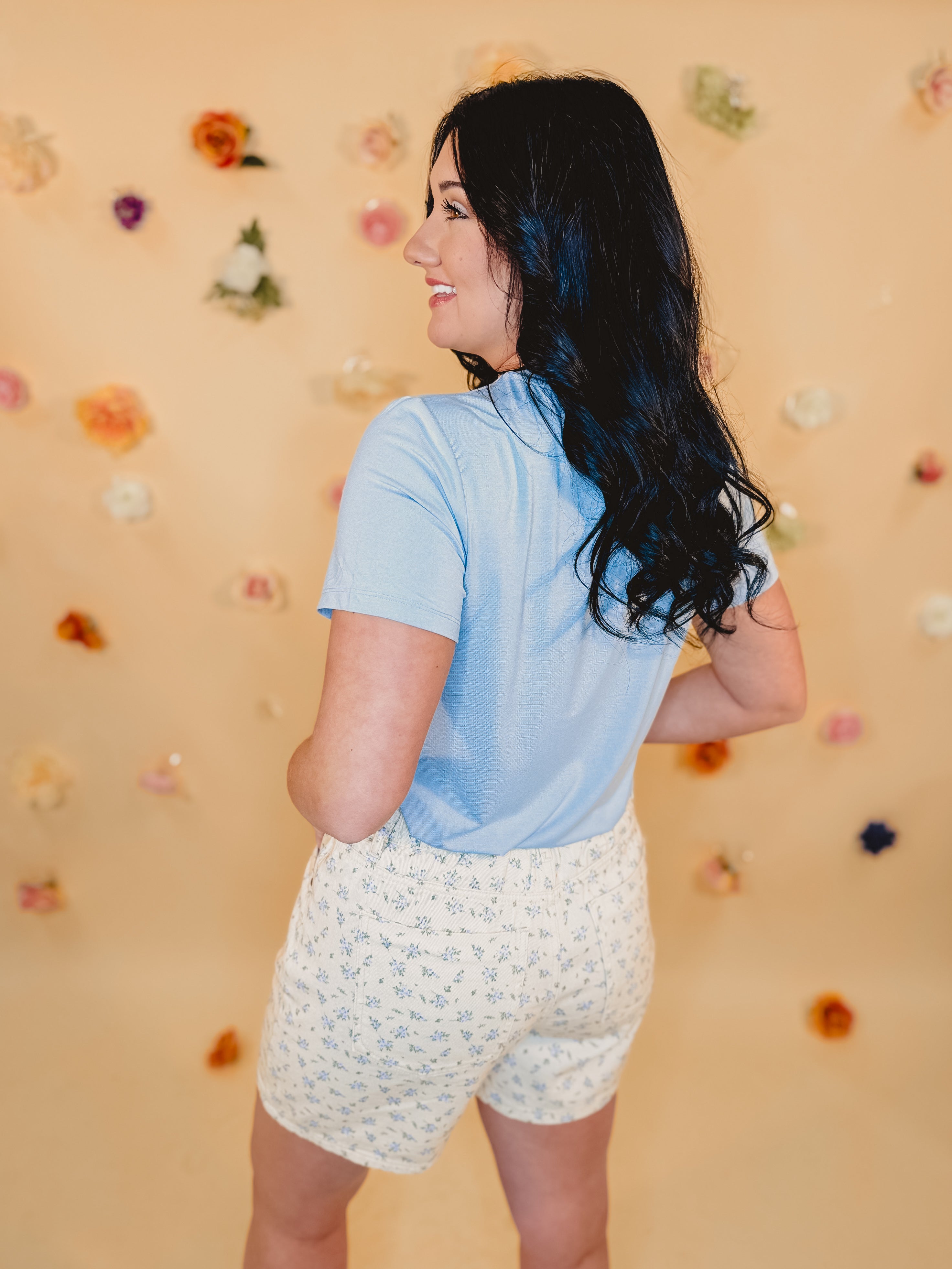 Floral Denim Shorts - Cream/Blue - Lace and Grace Boutique