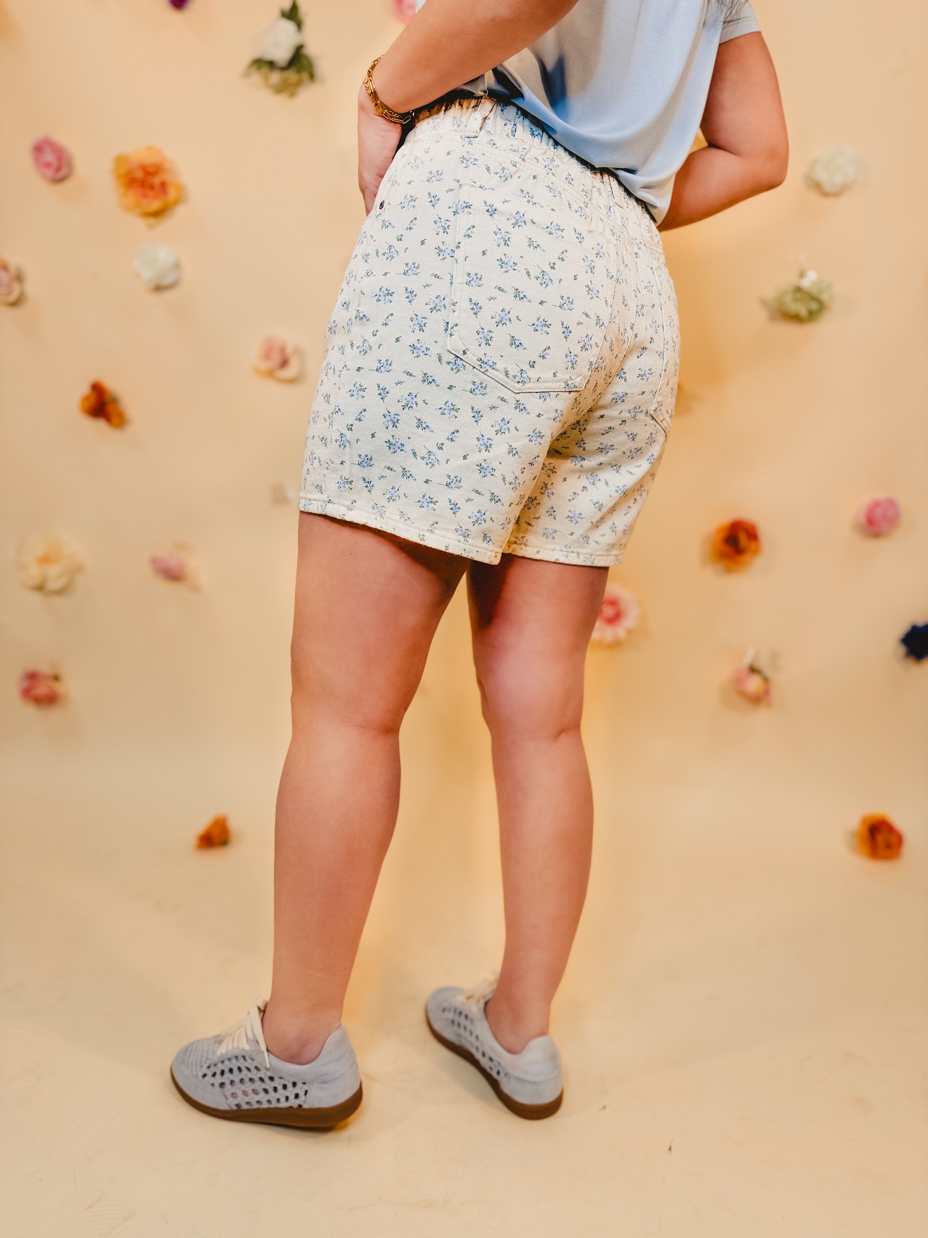 Floral Denim Shorts - Cream/Blue - Lace and Grace Boutique