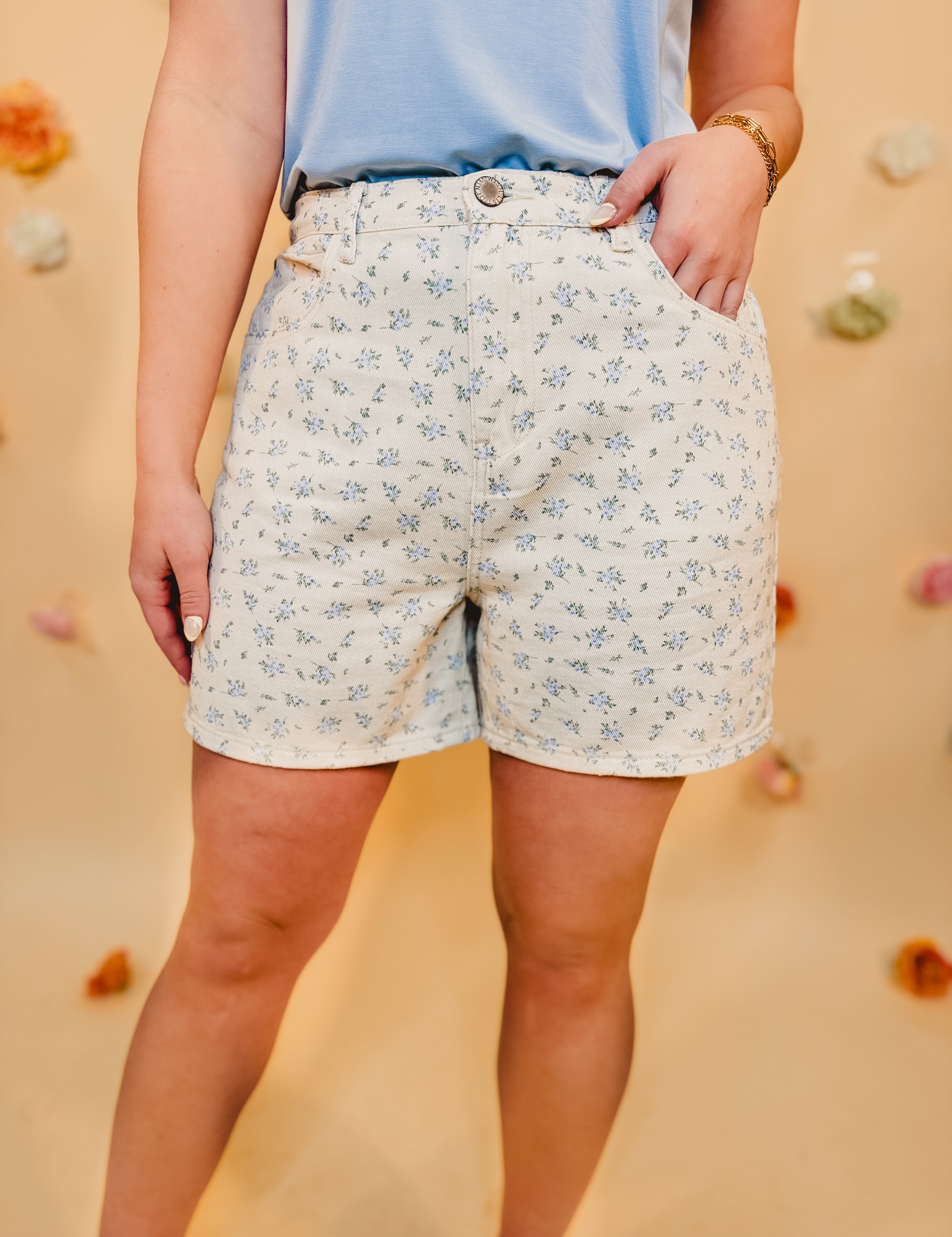 Floral Denim Shorts - Cream/Blue - Lace and Grace Boutique