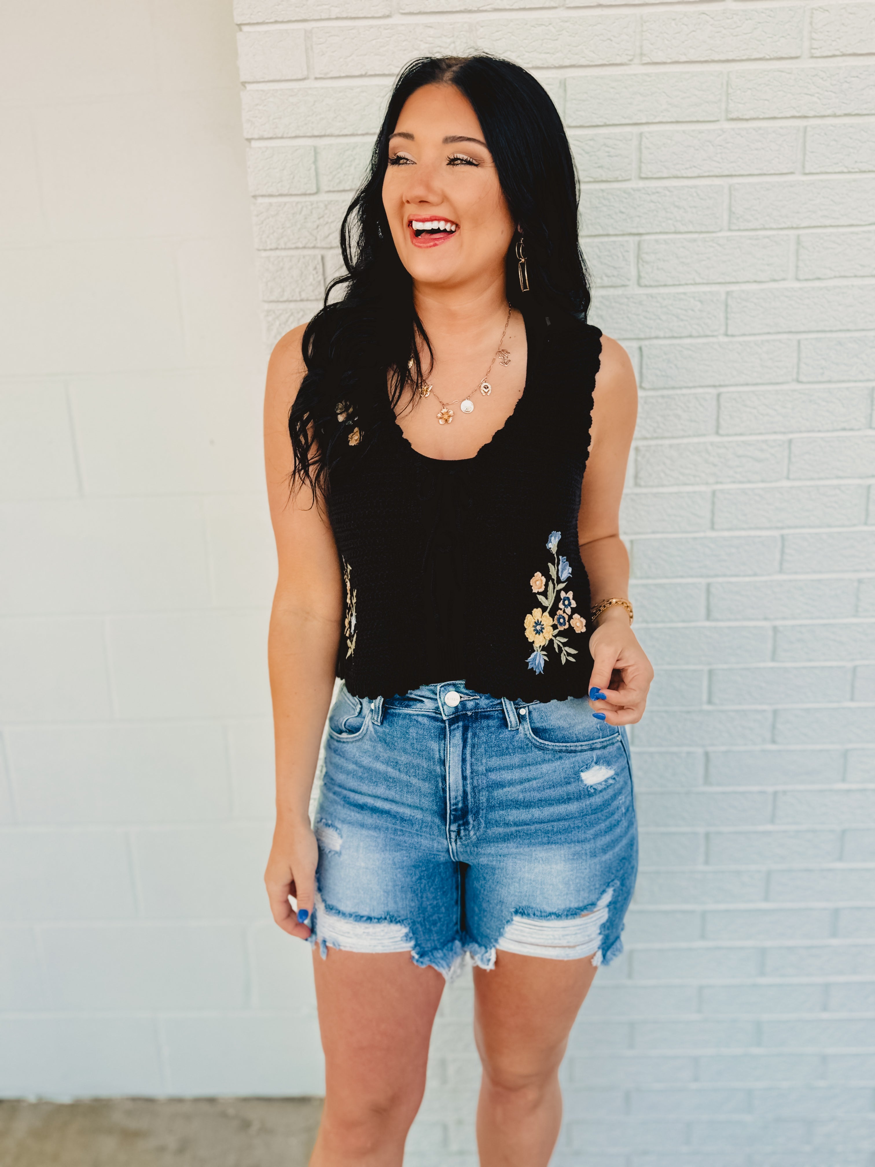 High Rise Distressed Mid-Thigh Risen Shorts - Light Denim - Lace and Grace Boutique