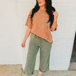 Short Sleeved Mineral Washed Oversized Top - Wood - Lace and Grace Boutique