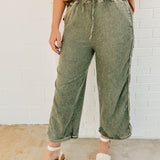 Mineral Washed Stretch Denim Pants - Olive - Lace and Grace Boutique