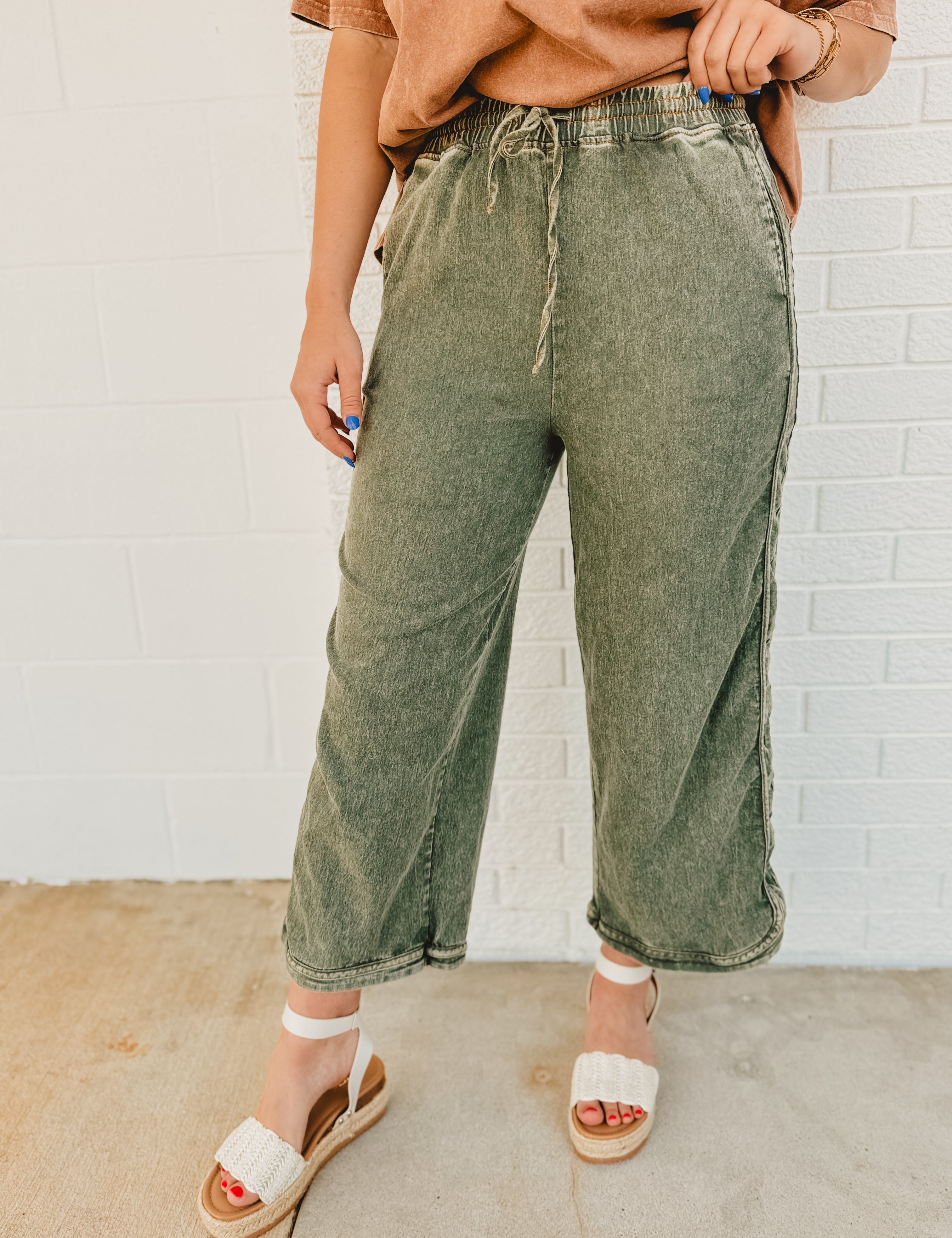 Mineral Washed Stretch Denim Pants - Olive - Lace and Grace Boutique