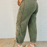 Mineral Washed Stretch Denim Pants - Olive - Lace and Grace Boutique