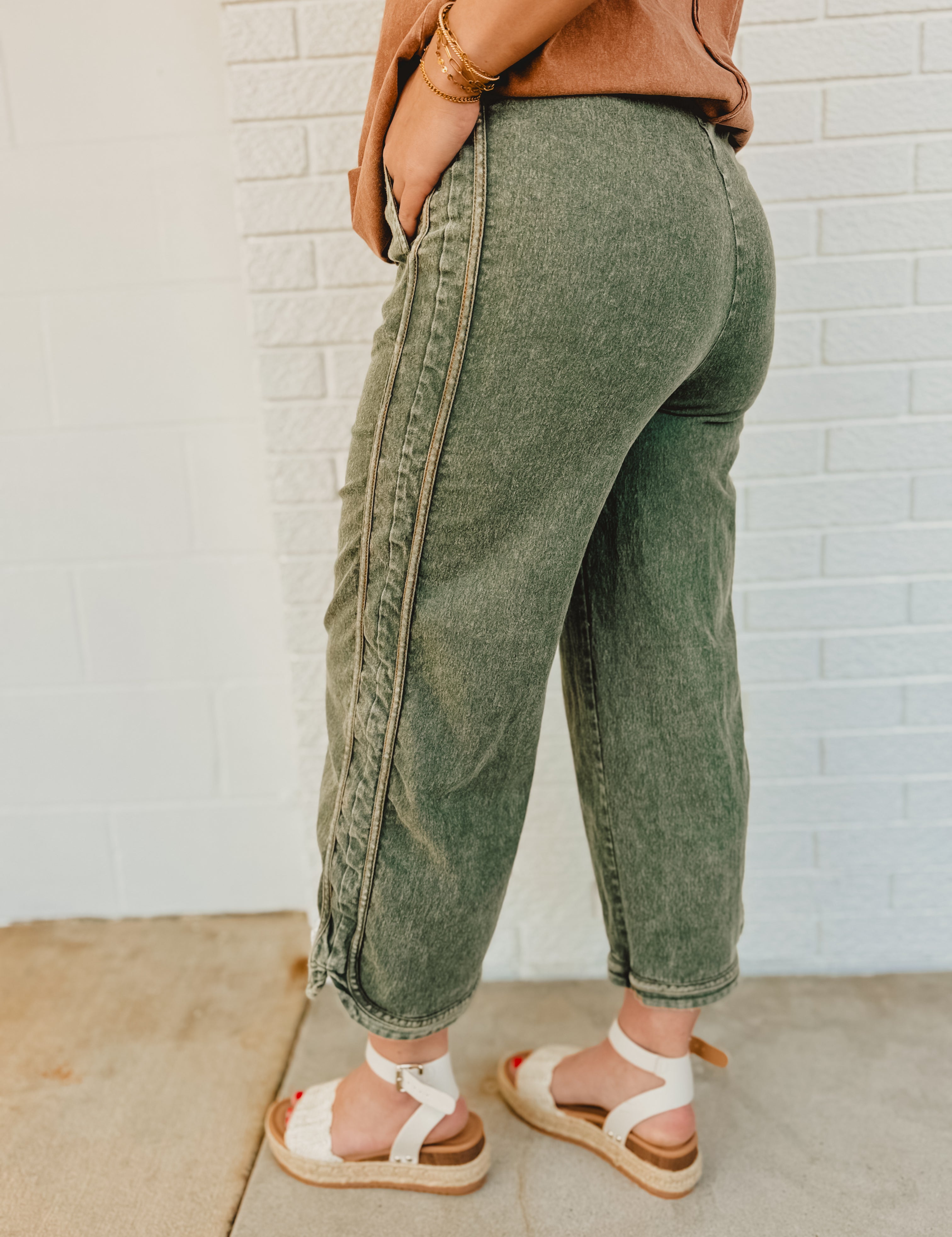 Mineral Washed Stretch Denim Pants - Olive - Lace and Grace Boutique