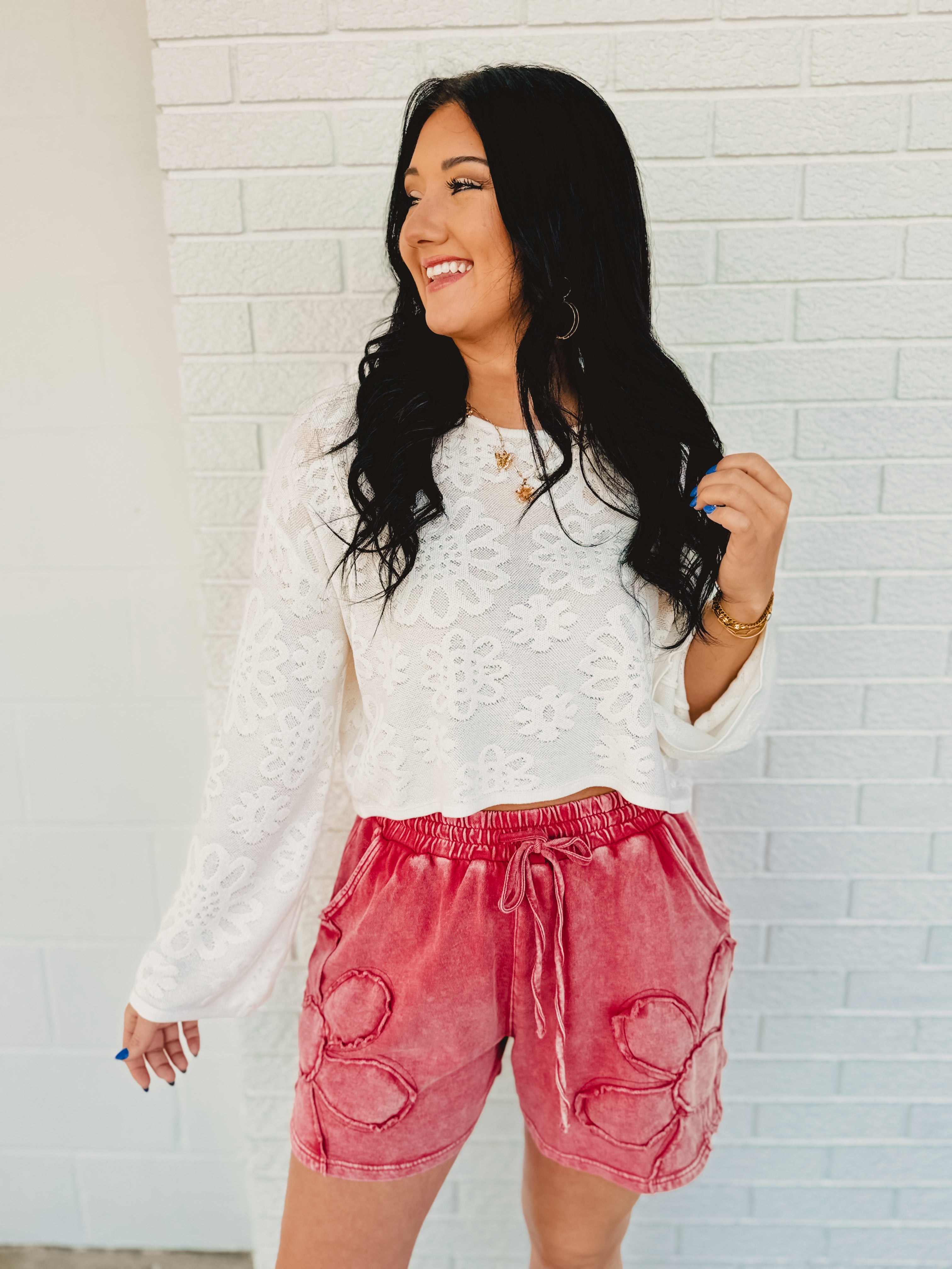 Flower Patch Mineral Washed Shorts - Boho Red - Lace and Grace Boutique
