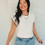 Contrast Scallop Edge Detail Sweater Top - Ivory/Black - Lace and Grace Boutique