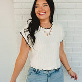 Contrast Scallop Edge Detail Sweater Top - Ivory/Black - Lace and Grace Boutique