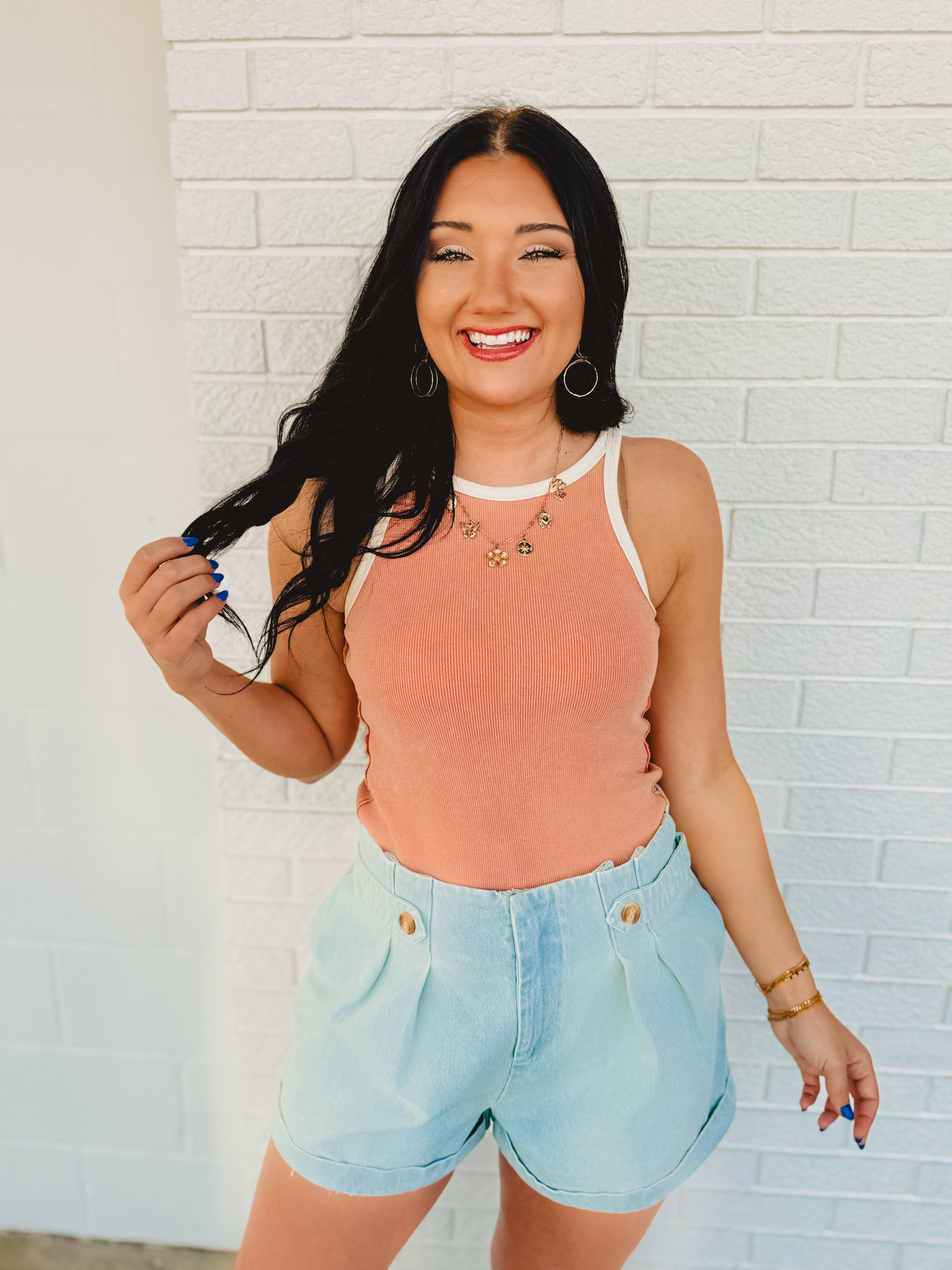 Pleated Light Denim Shorts - Lace and Grace Boutique