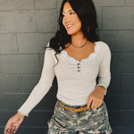 Lace Trimmed Ribbed Long Sleeve Top - Soft Taupe - Lace and Grace Boutique