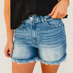 Mid Rise Raw Frayed Hem Denim Shorts - Medium Wash - Lace and Grace Boutique