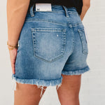 Mid Rise Raw Frayed Hem Denim Shorts - Medium Wash - Lace and Grace Boutique