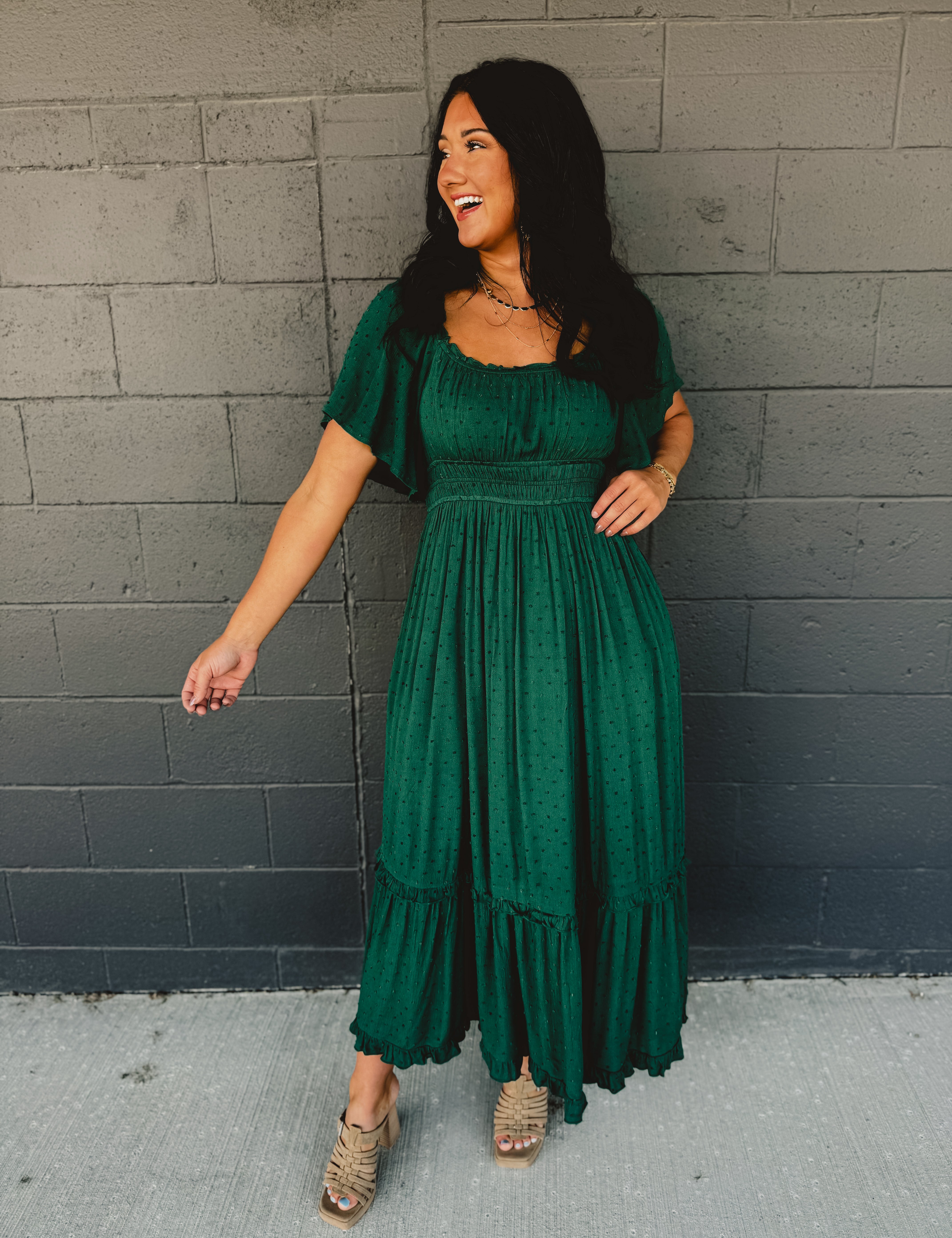 Swiss Dot Flutter Sleeve Maxi Dress - Emerald - Lace and Grace Boutique