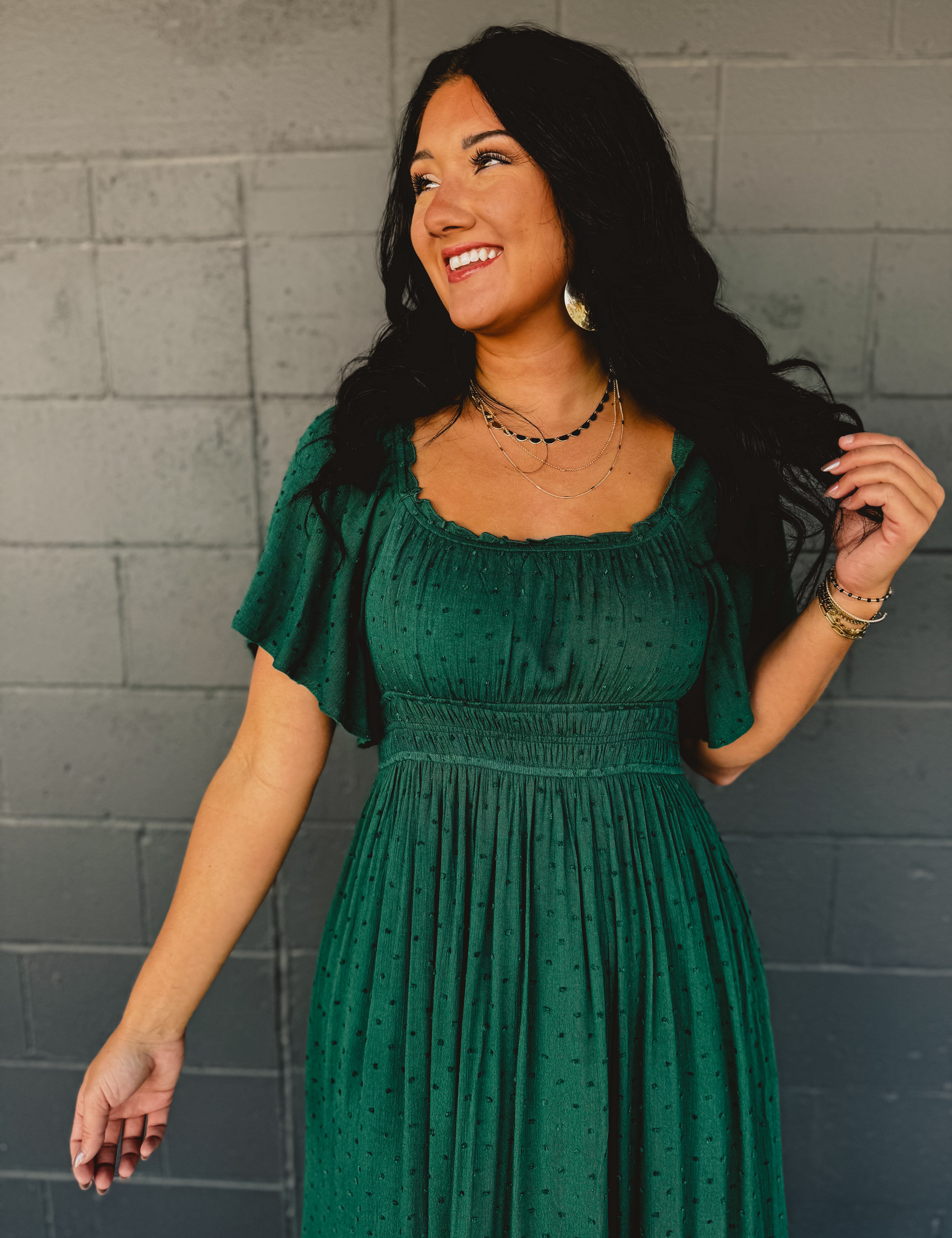 Swiss Dot Flutter Sleeve Maxi Dress - Emerald - Lace and Grace Boutique