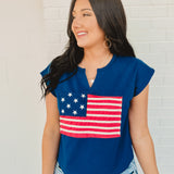 American Flag Trimmed Knit Top - Navy - Lace and Grace Boutique