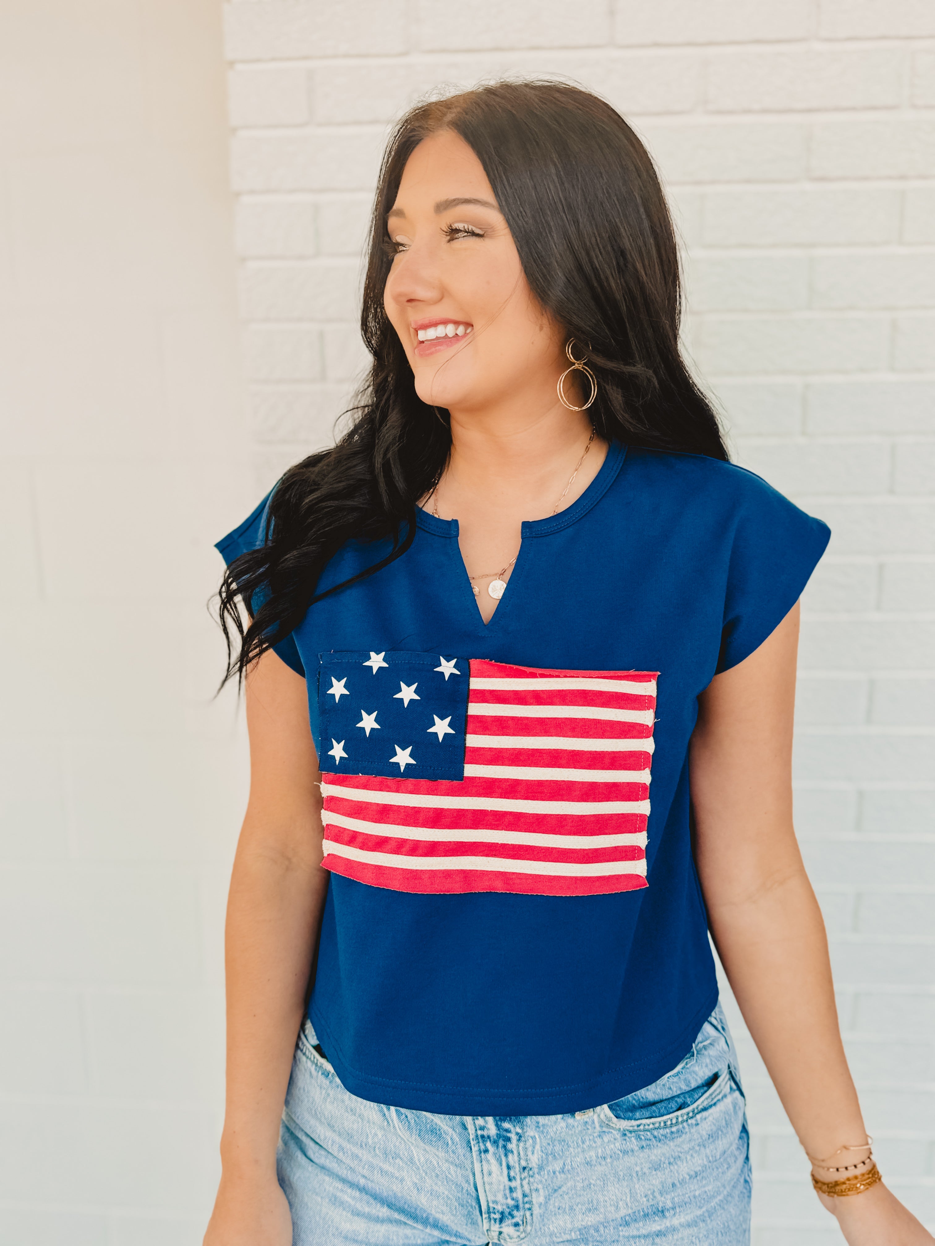 American Flag Trimmed Knit Top - Navy - Lace and Grace Boutique