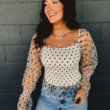 Dotted Mesh Sleeve Top - Cream