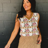 Rose Printed Sweater Vest - Ivory/Taupe