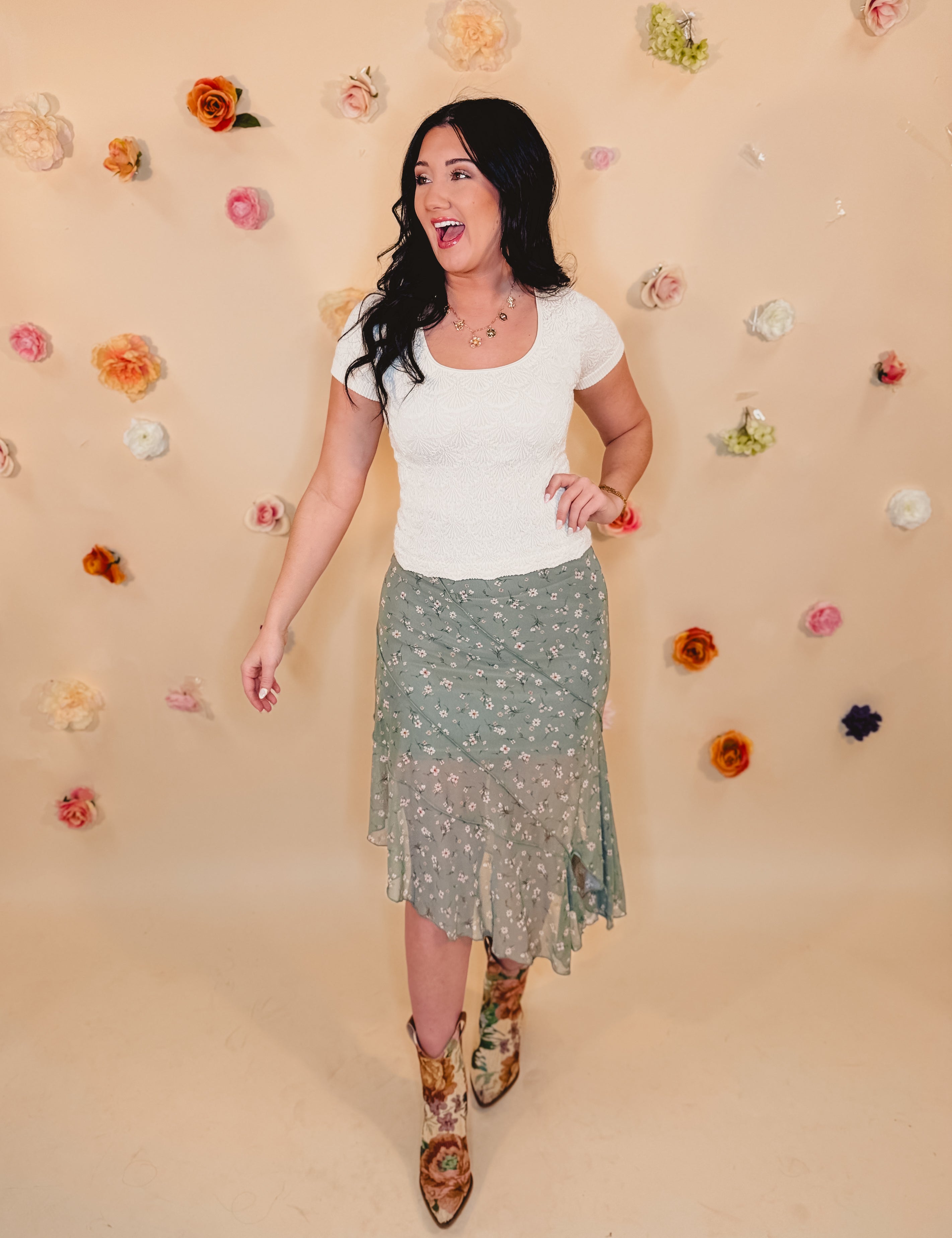 Floral Maxi Skirt - Dusty Olive - Lace and Grace Boutique