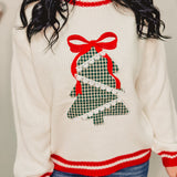 Plaid Tree Knit Crewneck Sweater - White