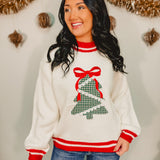Plaid Tree Knit Crewneck Sweater - White