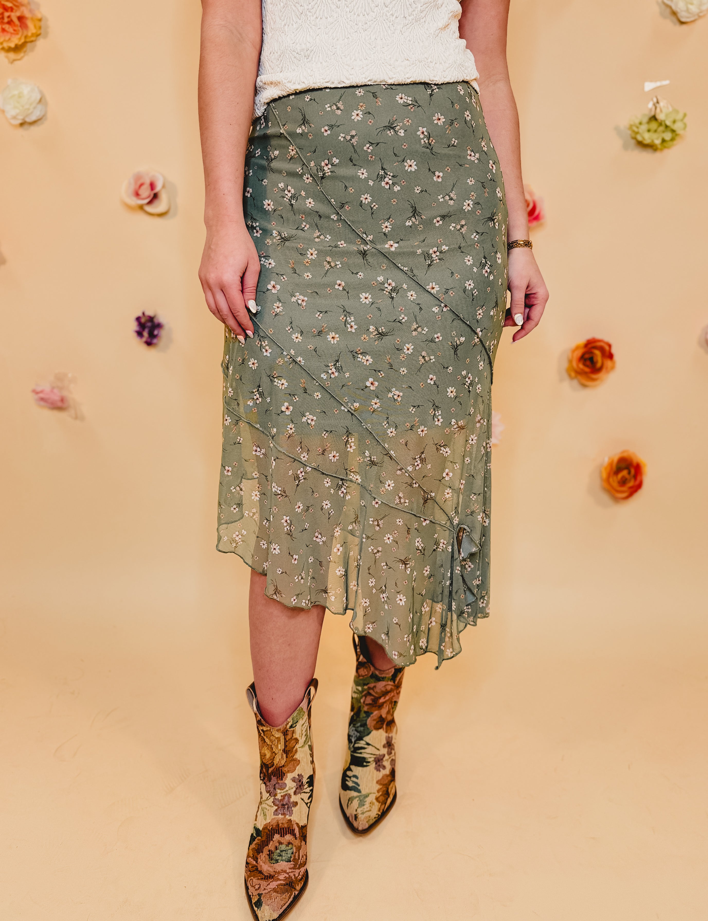 Floral Maxi Skirt - Dusty Olive - Lace and Grace Boutique