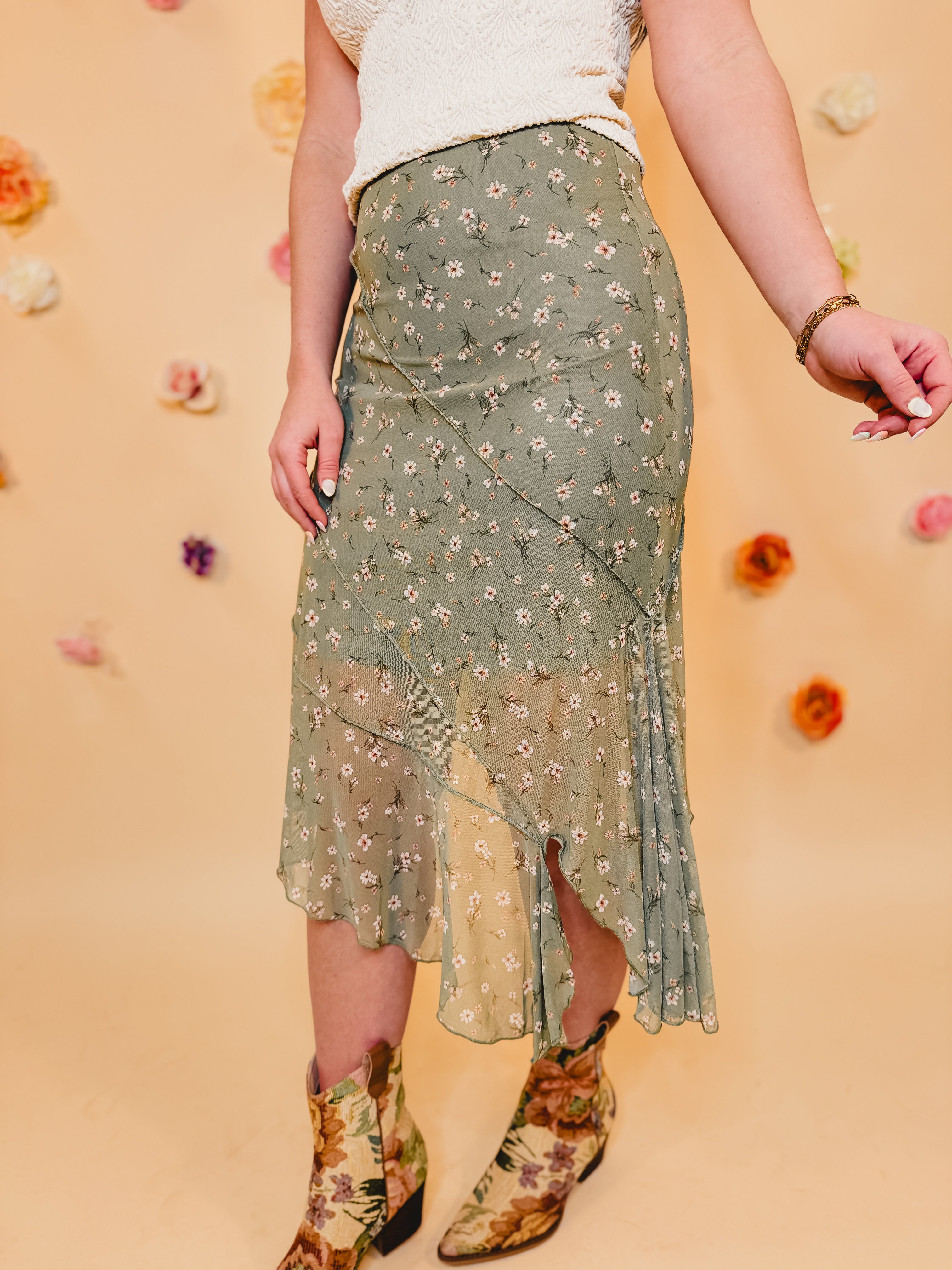 Floral Maxi Skirt - Dusty Olive - Lace and Grace Boutique