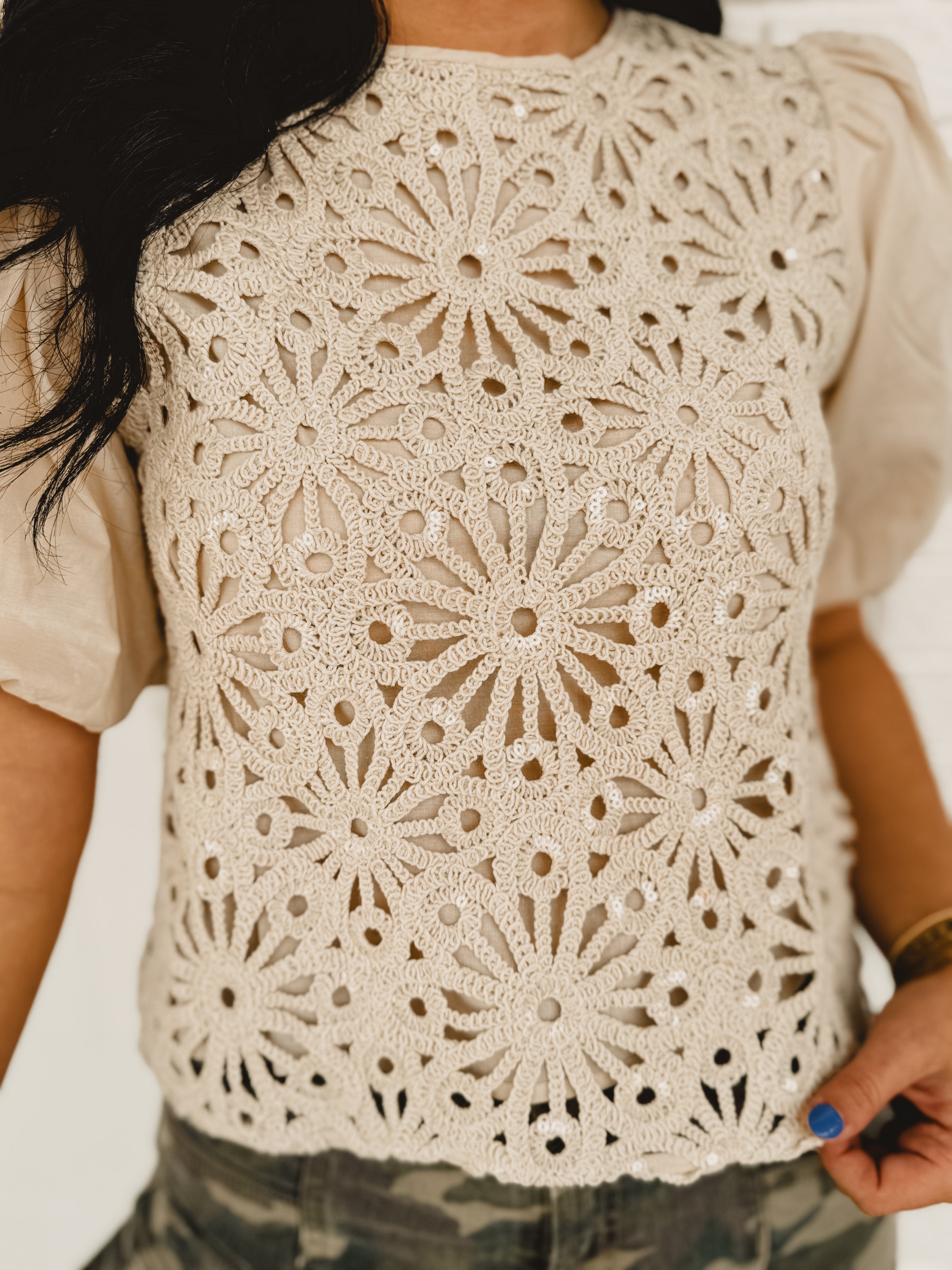 Sequin Crochet Detailed Top - Oatmeal - Lace and Grace Boutique