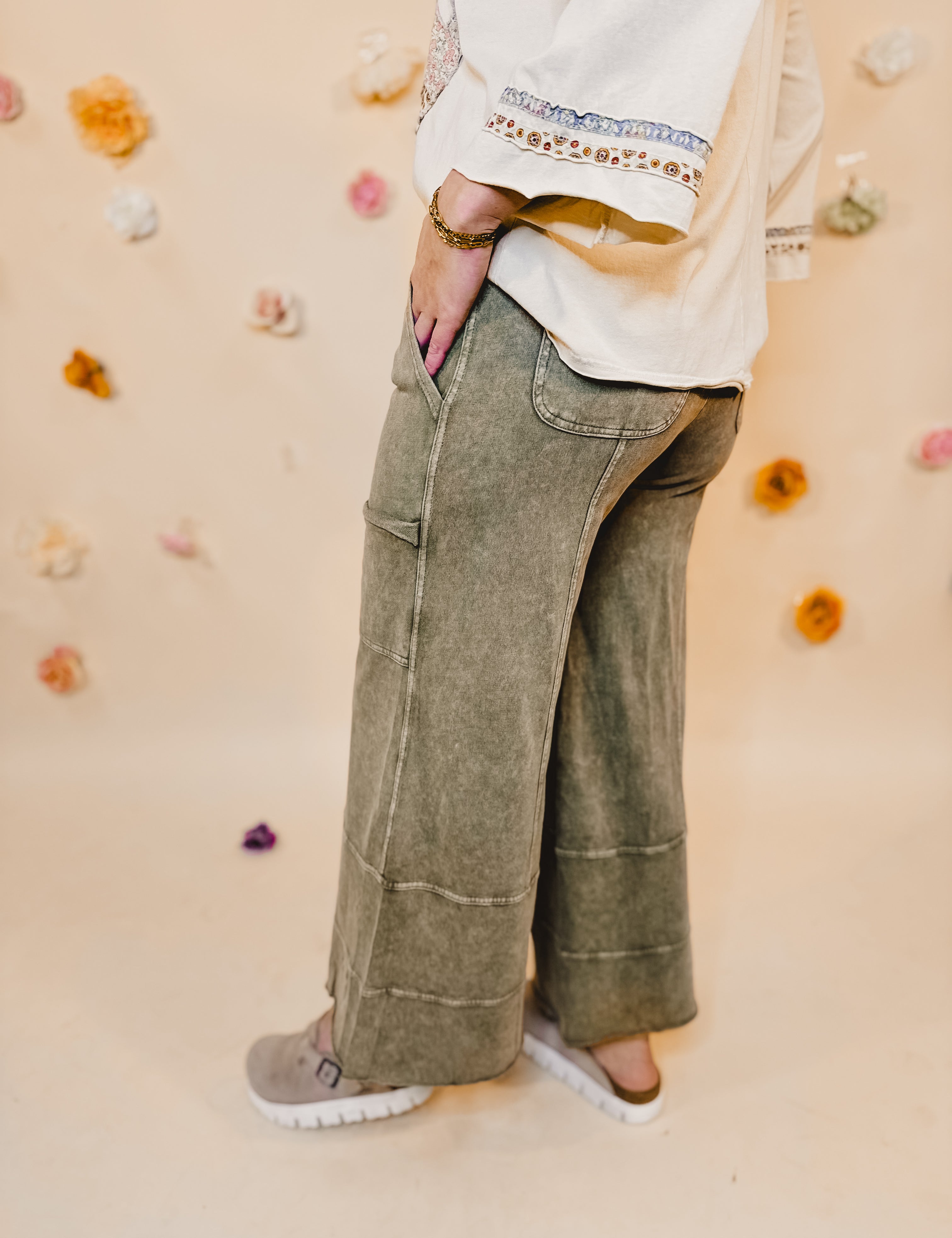 Mineral Washed Terry Knit Pants - Olive - Lace and Grace Boutique