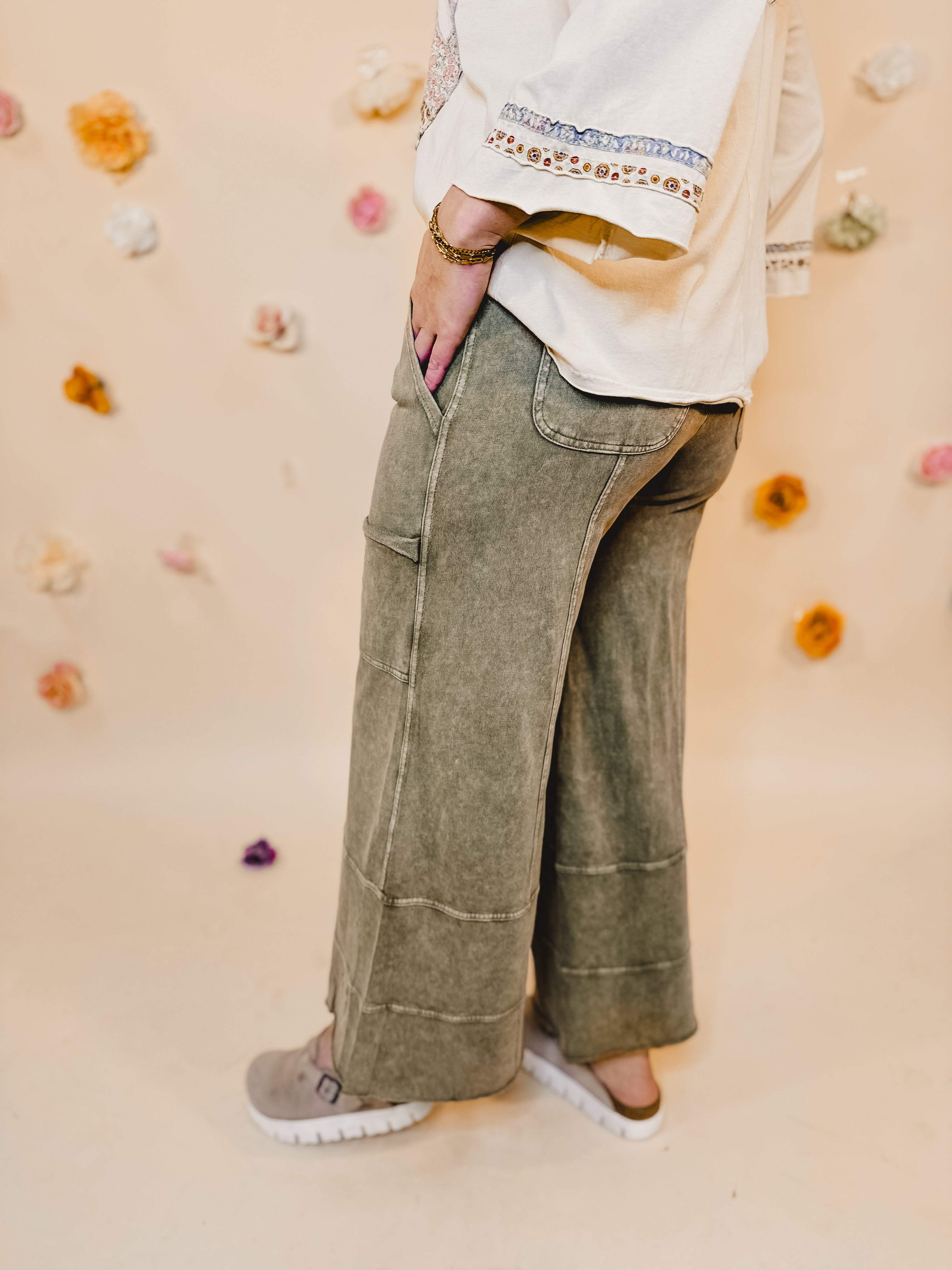 Mineral Washed Terry Knit Pants - Olive - Lace and Grace Boutique
