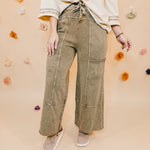 Mineral Washed Terry Knit Pants - Olive - Lace and Grace Boutique