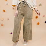 Mineral Washed Terry Knit Pants - Olive - Lace and Grace Boutique